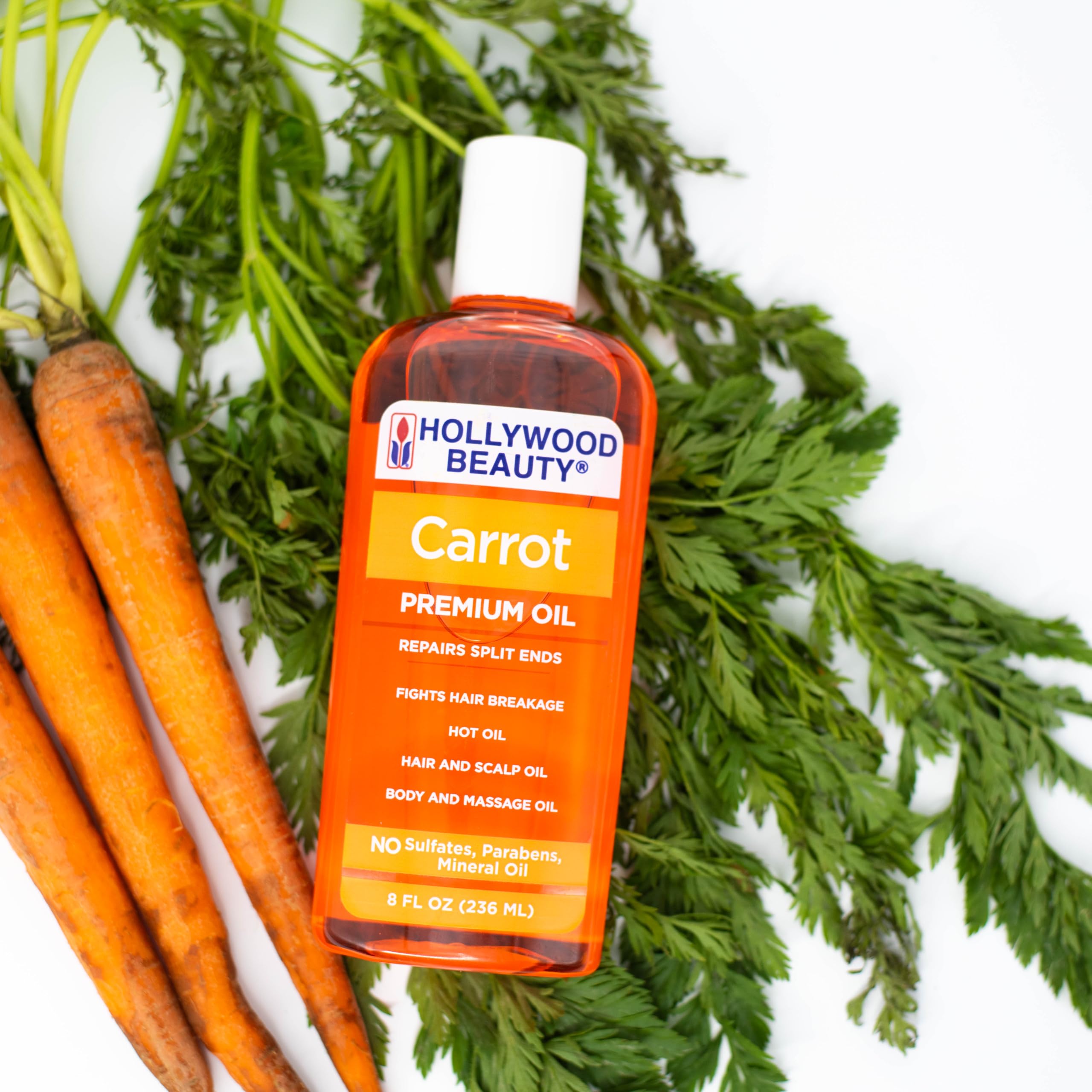Hollywood Beauty Carrot Hair Oil, 8oz Bottle, Hair, Scalp, Skin, Nail, & Massage Oil, Helps Repair Damaged Hair & Skin, Can be U