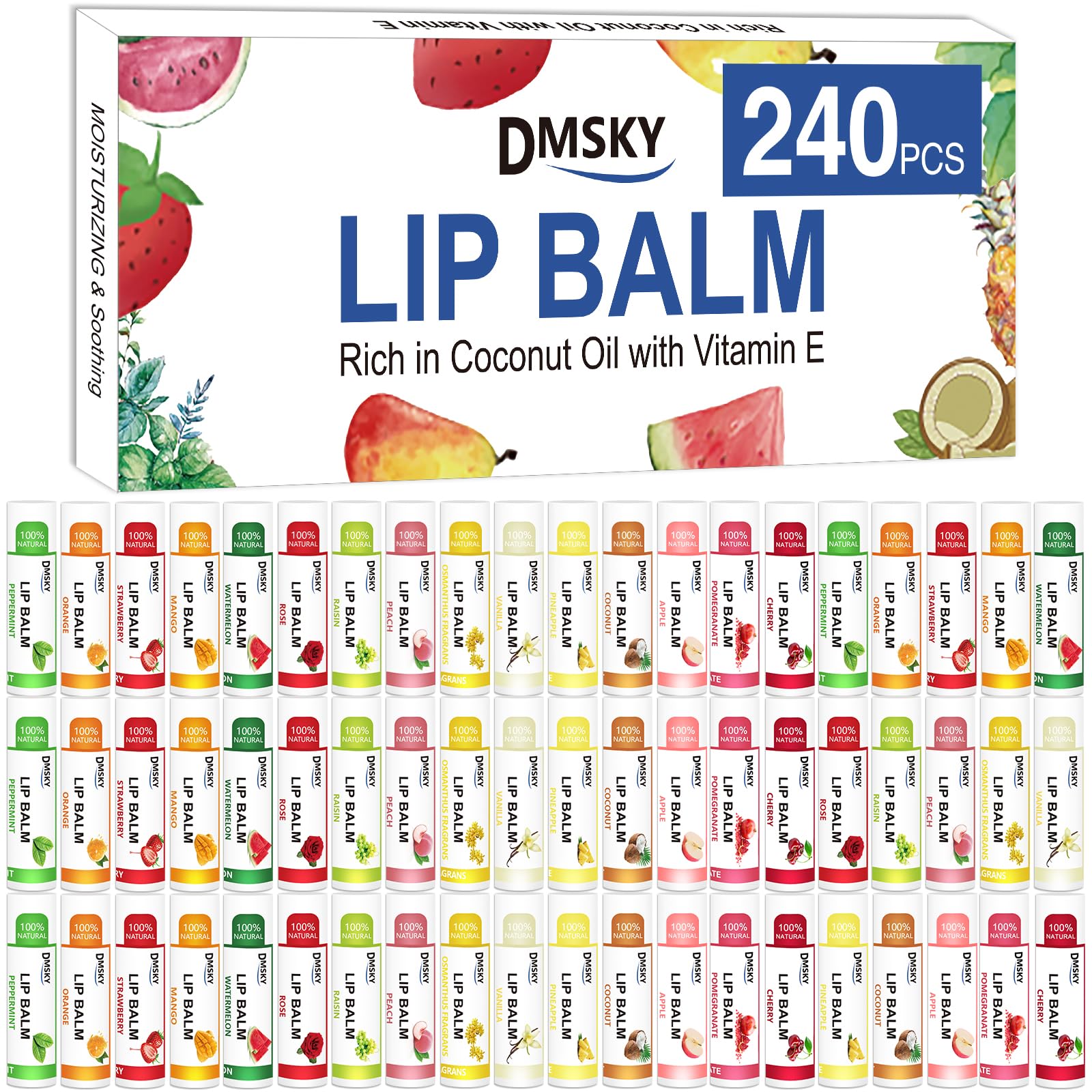 DMSKY 240 Pack Lip Balm, Natural Lip Balm Bulk with Vitamin E and Coconut Oil, Moisturizing Lip Balms for Chapped Lips, Bulk Lip