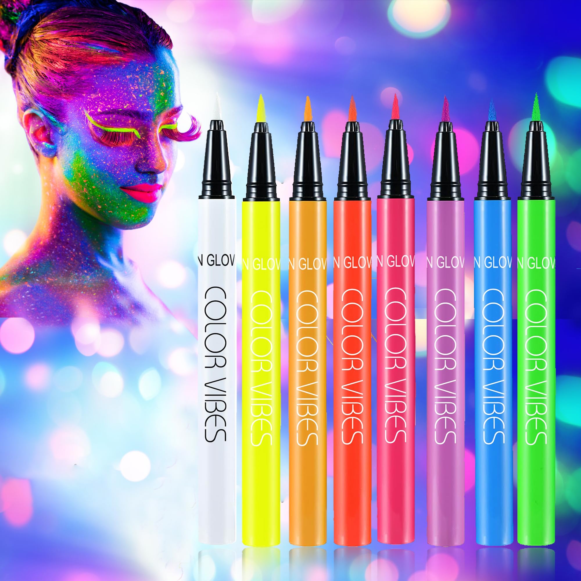 Ccbeauty Liquid Face Paint Makeup 8 Colors Sweatproof Smudgeproof, Waterproof Uv Glow Neon Eye Liner Set, Body Painting Kit For