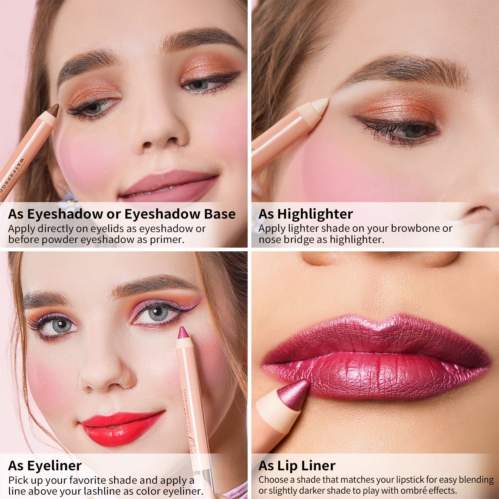 Oulac Waterproof Pink Eyeshadow Pencil For Long-Lasting Eye Looks - Easy To Apply, Blendable And Smudge-Proof, Vegan & Cruelty-F