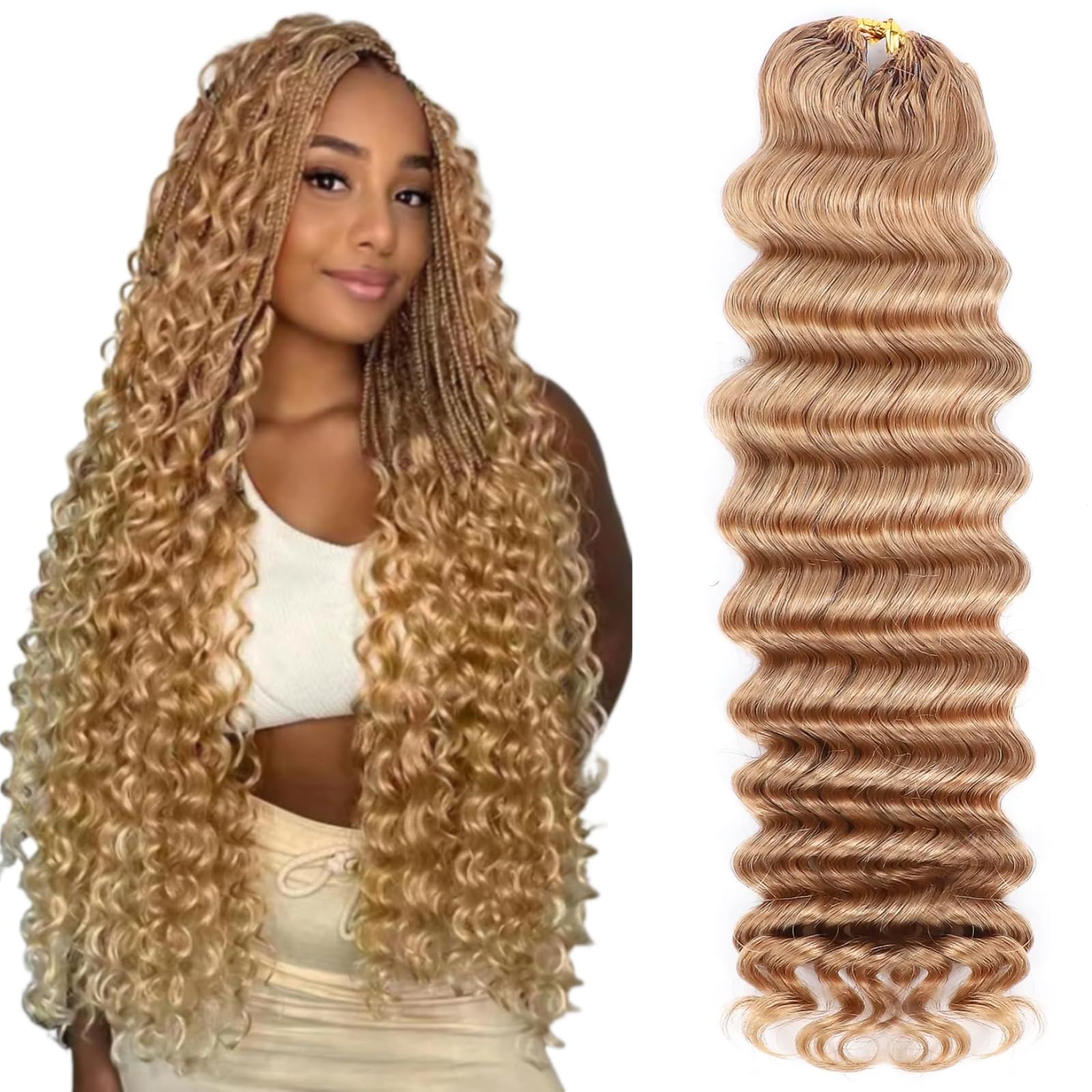 #27 Blonde Deep Wave Crochet Hair Extensions 120g per Pack, PreLooped Human Hair Curly for Black Women, PreSeparated Knotless 