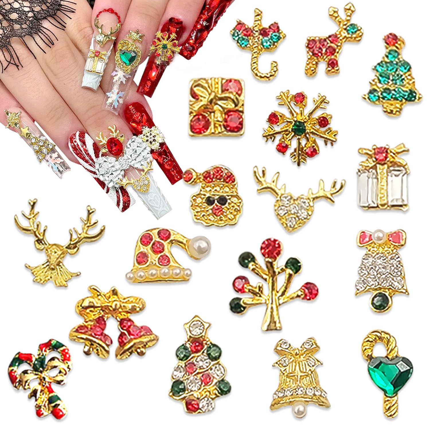 17Pcs Christmas Nail Charms Gold 3D Alloy Reindeer Snowflake Santa Claus Nail Art Charms Shiny Red Green Nail Rhinestones Bling 