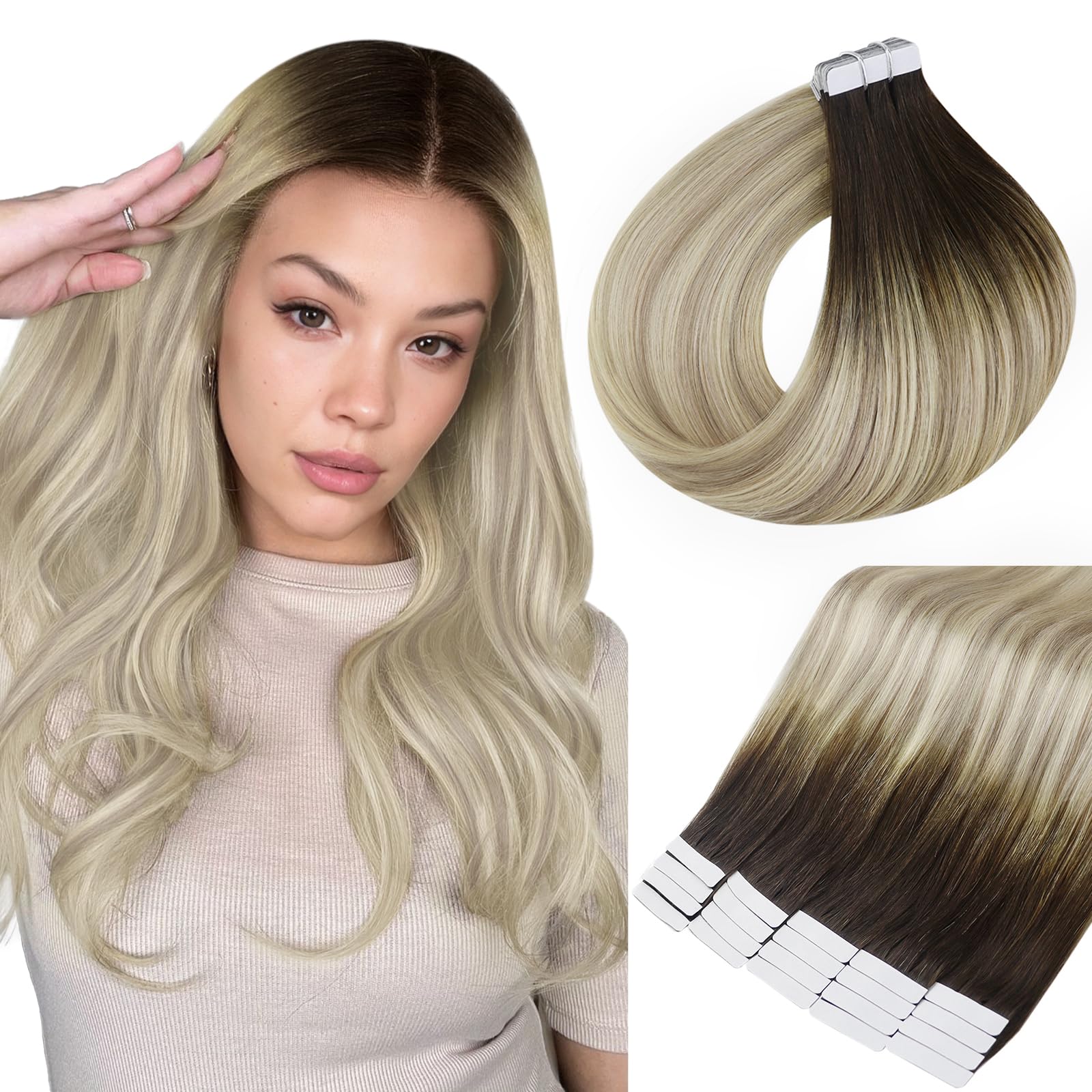 Full Shine Balayage Tape In Hair Extensions Remy Human Hair Color 2 Darkest Brown Fading To 18 And 60 Blonde Skin Weft Tape Hair