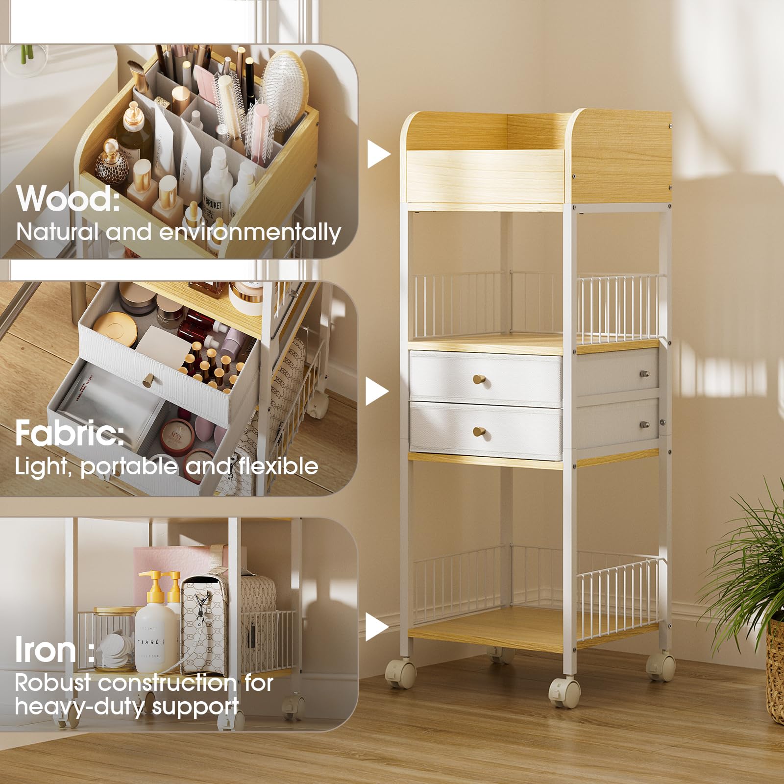 Tidystash Makeup Organizer Cart With Drawers, Rolling Bathroom Organizers And Storage- Versatile Skincare Perfume Storage Vanity