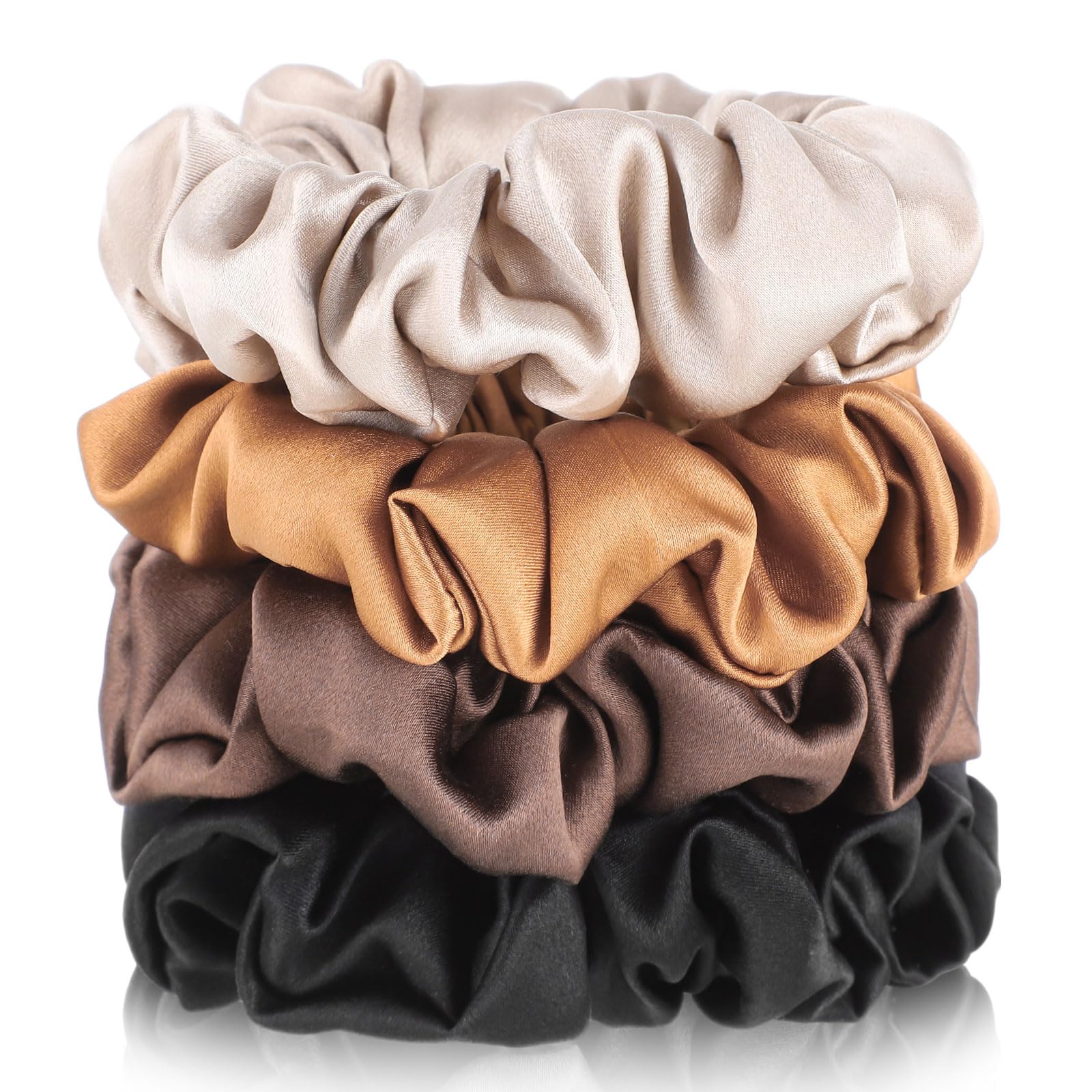 4 Pack Mulberry Silk Scrunchies, Brown Silk Hair Ties 19 Momme Silk Scrunchies for Hair Sleep No Damag Satin Scrunchies Stocking