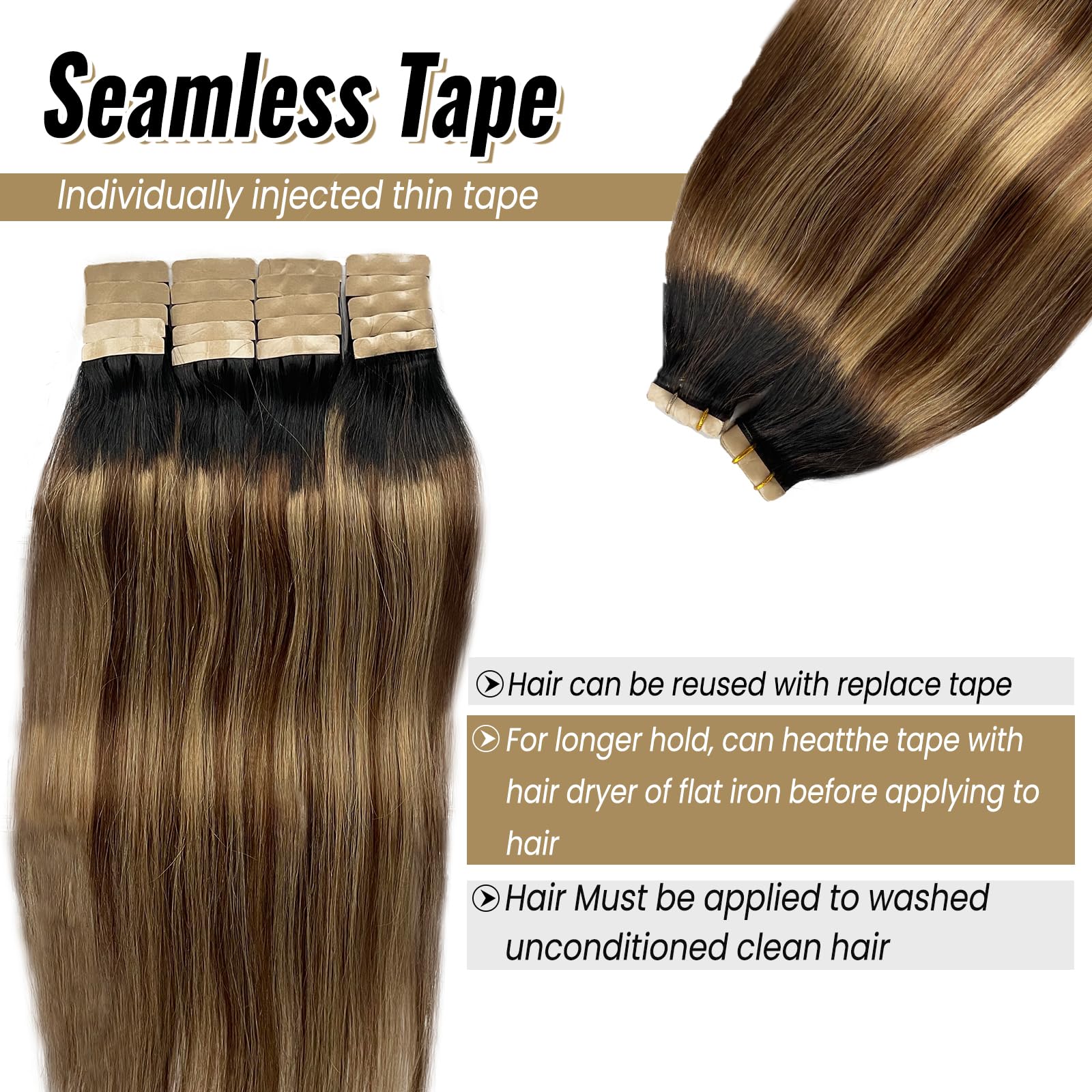 Highlight Brown Tape In Hair Extension 20Inch Dark Black To Medium Brown With Ash Blonde 50G 20Pcs Natural Human Hair Extensions