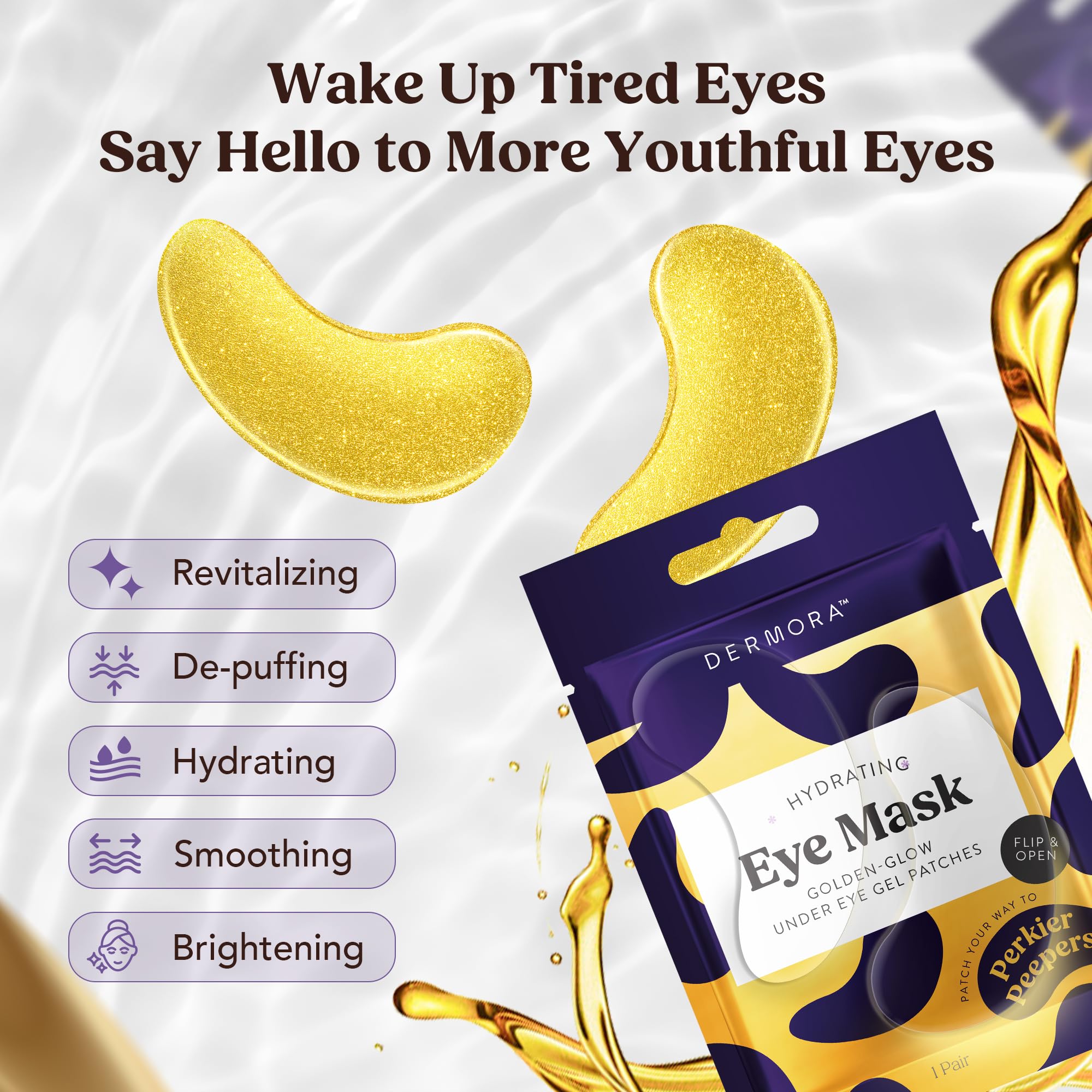 DERMORA Golden Glow Under Eye Patches - 30 Pairs Eye Gels for Dark Circles & Puffy Eyes, Rejuvenating Treatment, Original Color