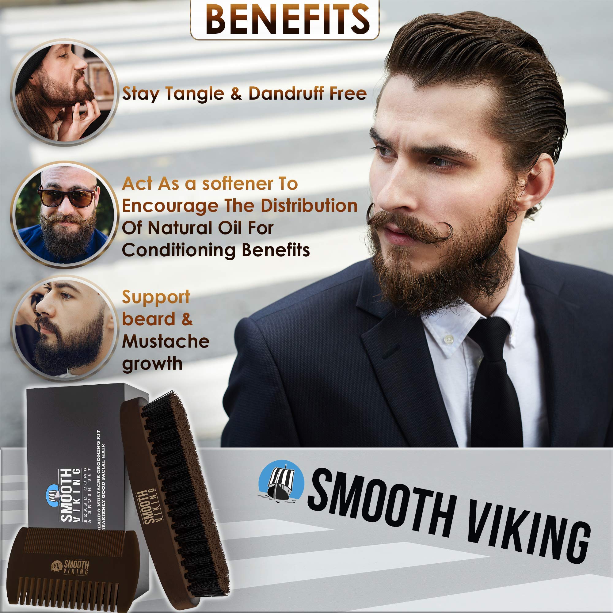 Smooth Viking Beard Brush & Comb Gift Set For Men - Natural Boar Bristle Hair Brush & Wooden Comb, Boar Brush For Facial Hair St