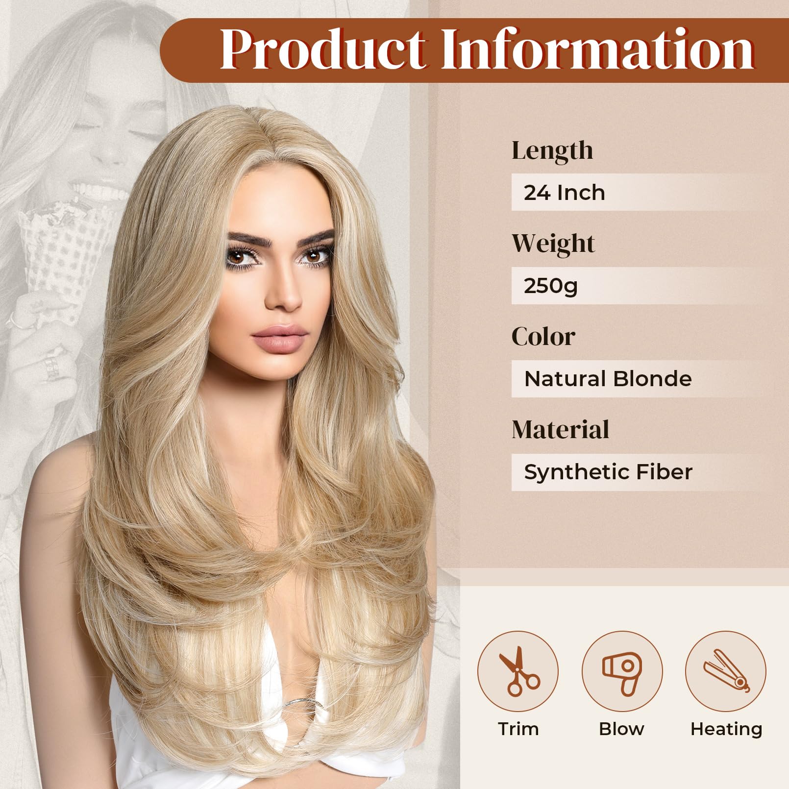 Lonai Blonde Wigs For Women 24'' Long Natural Blonde Middle Part Layered Wig Synthetic Hair Wig For Daily Use Party Cosplay