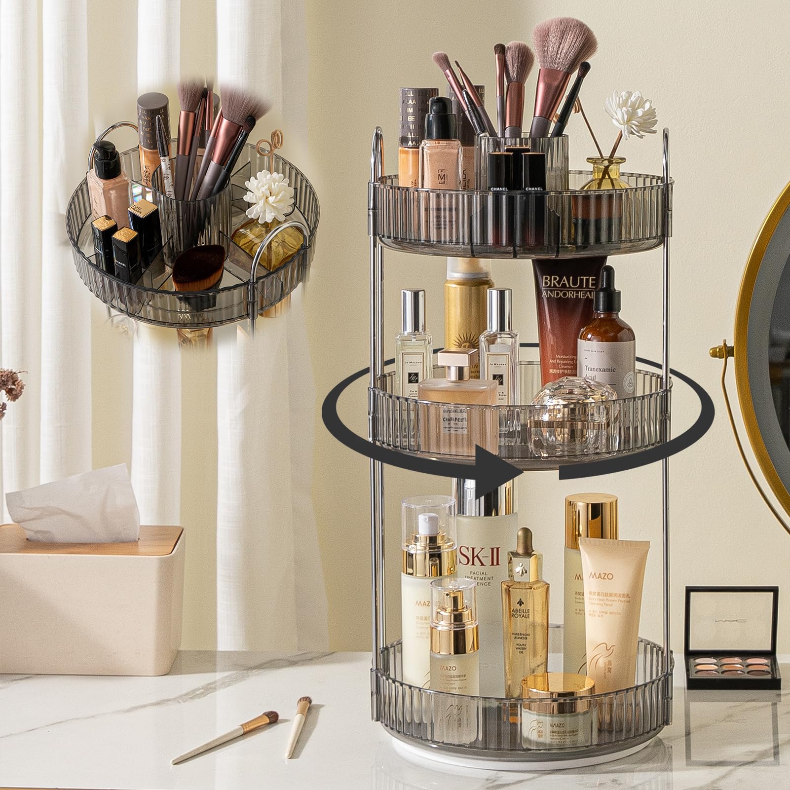 Shuang Qing 360 Rotating Makeup Organizer, High-Capacity Bathroom Countertop Vanity Organizers, 3 Tier Spinning Skincare Storage