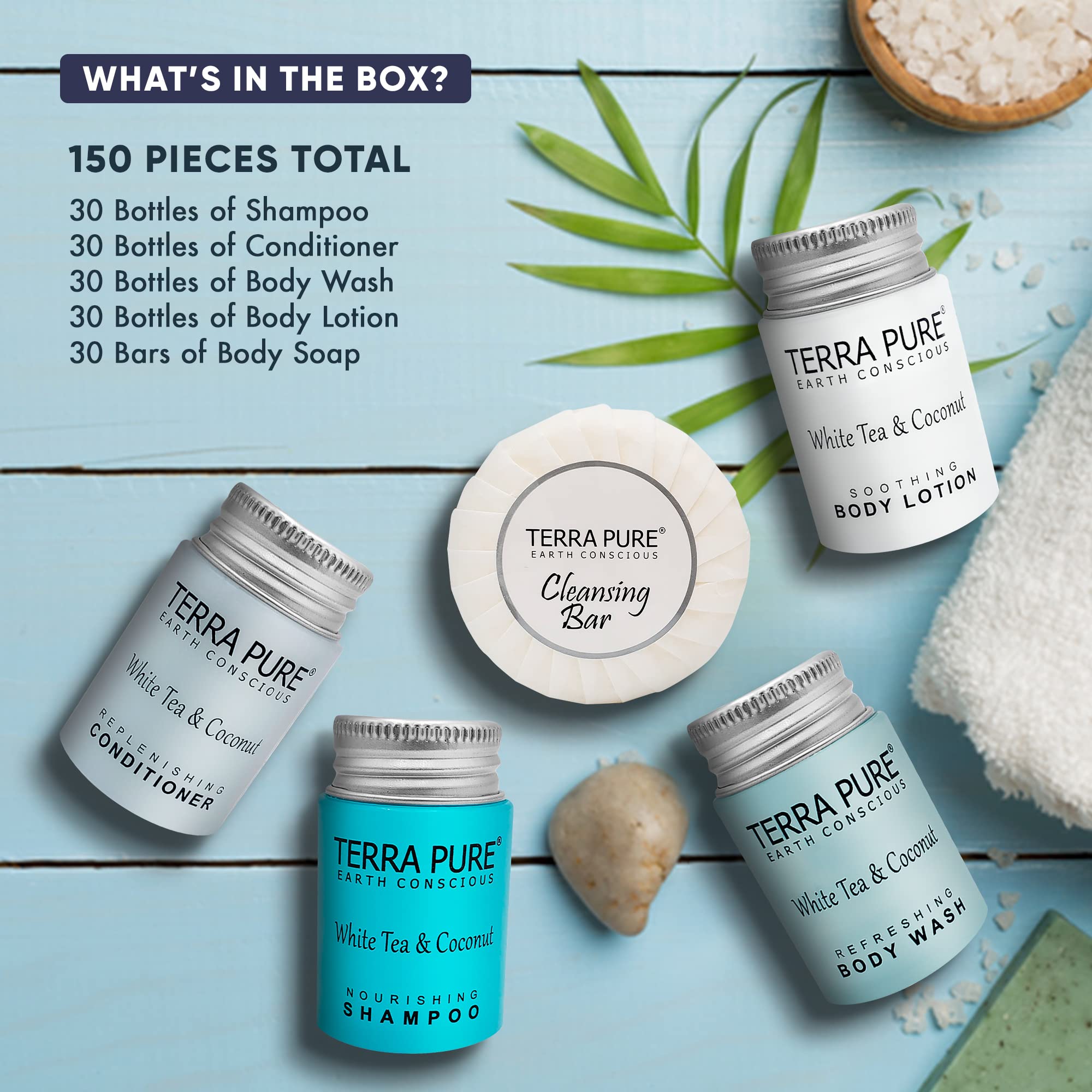 Terra Pure White Tea And Coconut Hotel Soaps And Toiletries Bulk Set |1-Shoppe All-In-Kit For Hotels | 1Oz Shampoo & Conditioner
