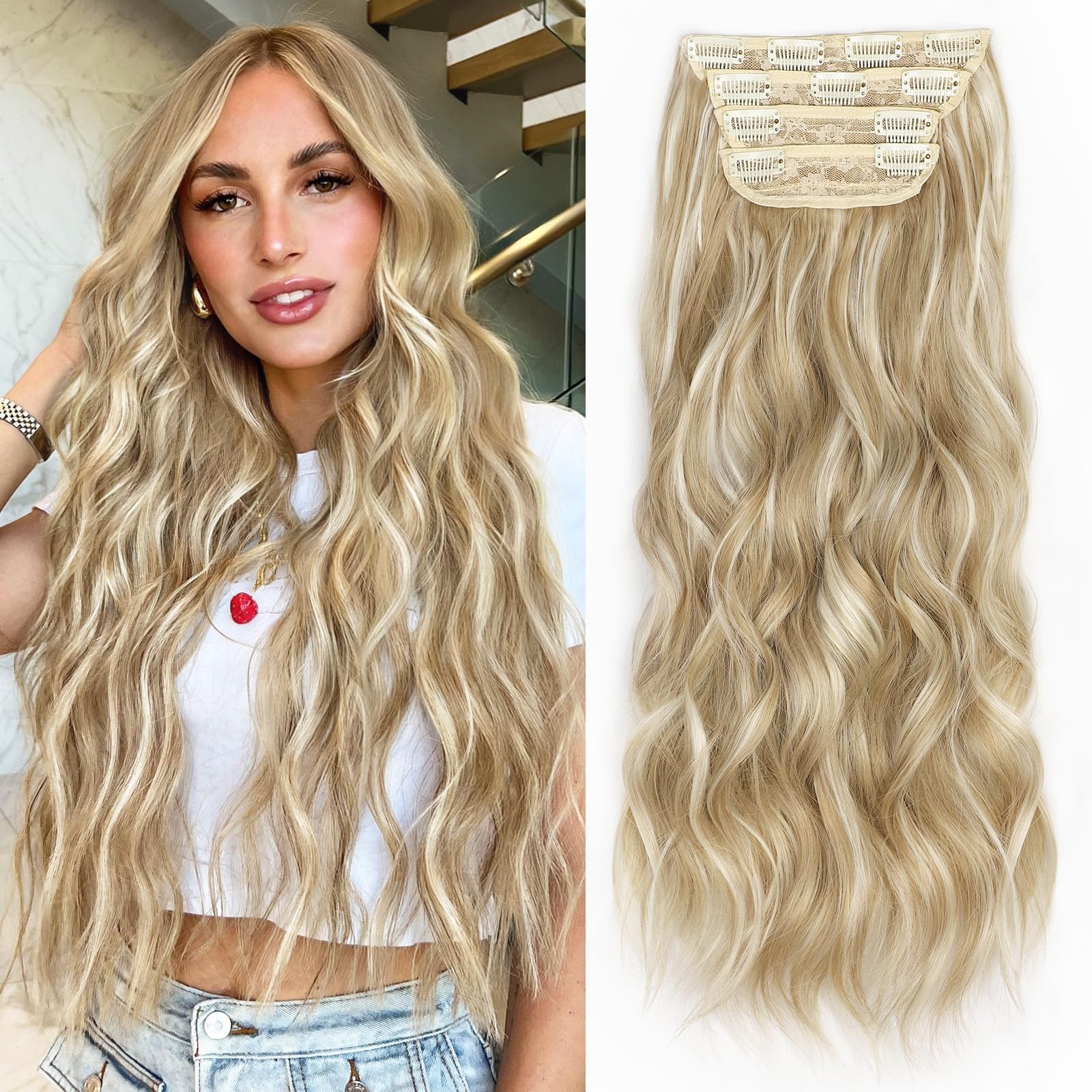 ALXNAN Clip in Hair Extensions for Women,Chocolate Brown with Dark Brown Long Wavy Hair Extensions Clip Ins 4PCS 20 Inch Synthet