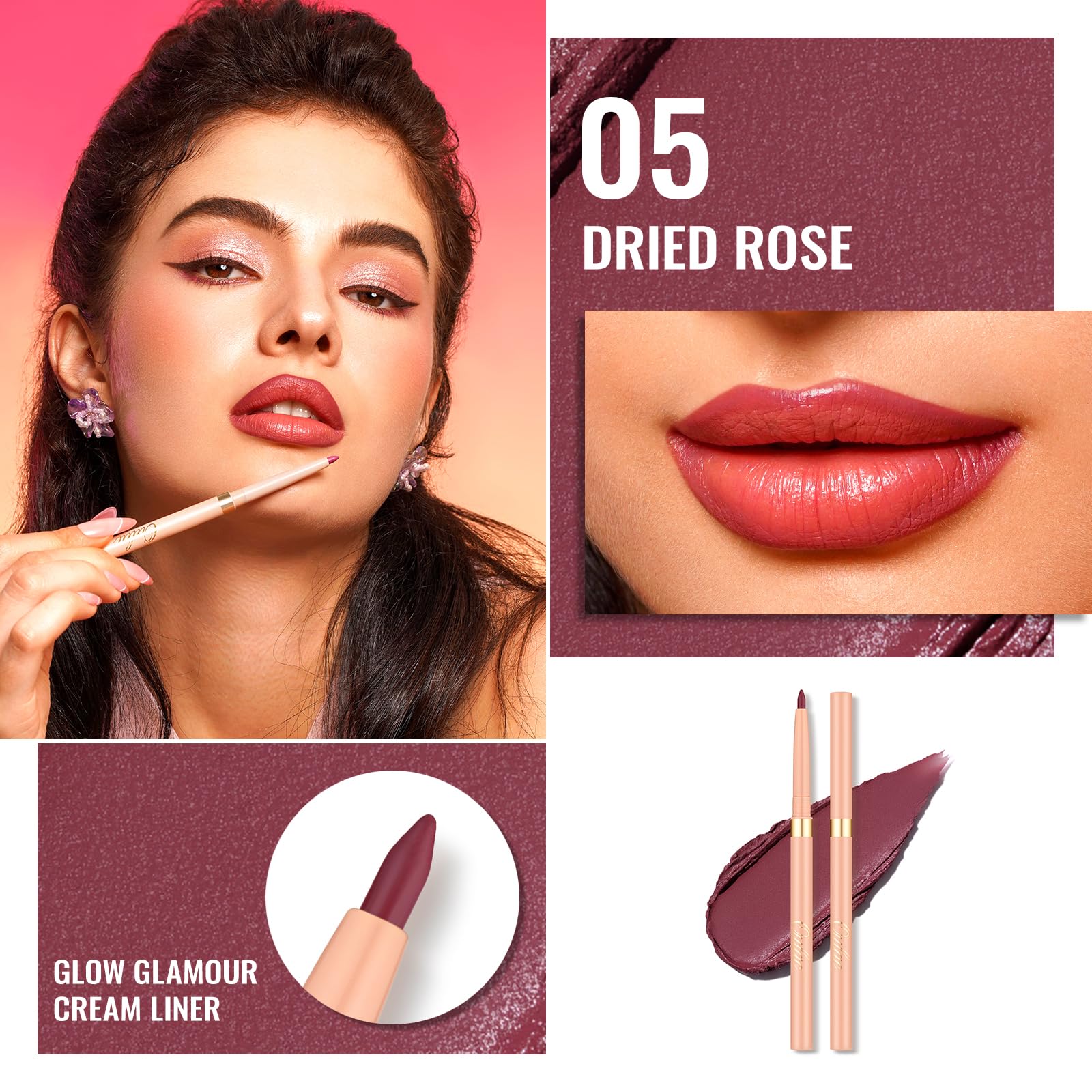Oulac Pink Retractable Lipliner Pencil 2In1 Waterproof Makeup Crayon For Lip Liner And Eye Liner, Smooth And Creamy, Long Lastin