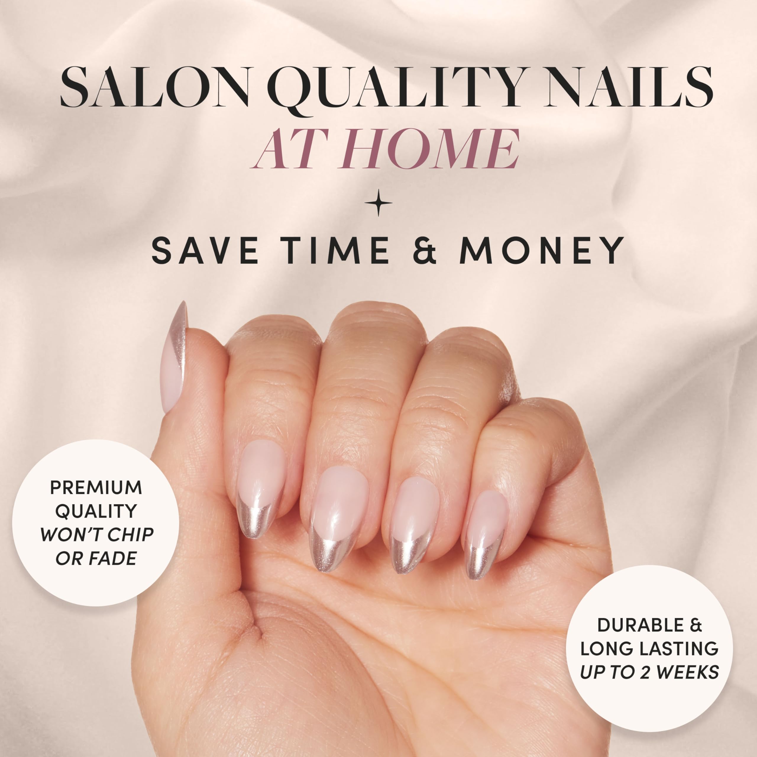 Glamnetic Press On Nails - Mirror Mirror | Trendy Short Almond Nails With Metallic Chrome Silver French Tips | 15 Sizes - 30 Nai