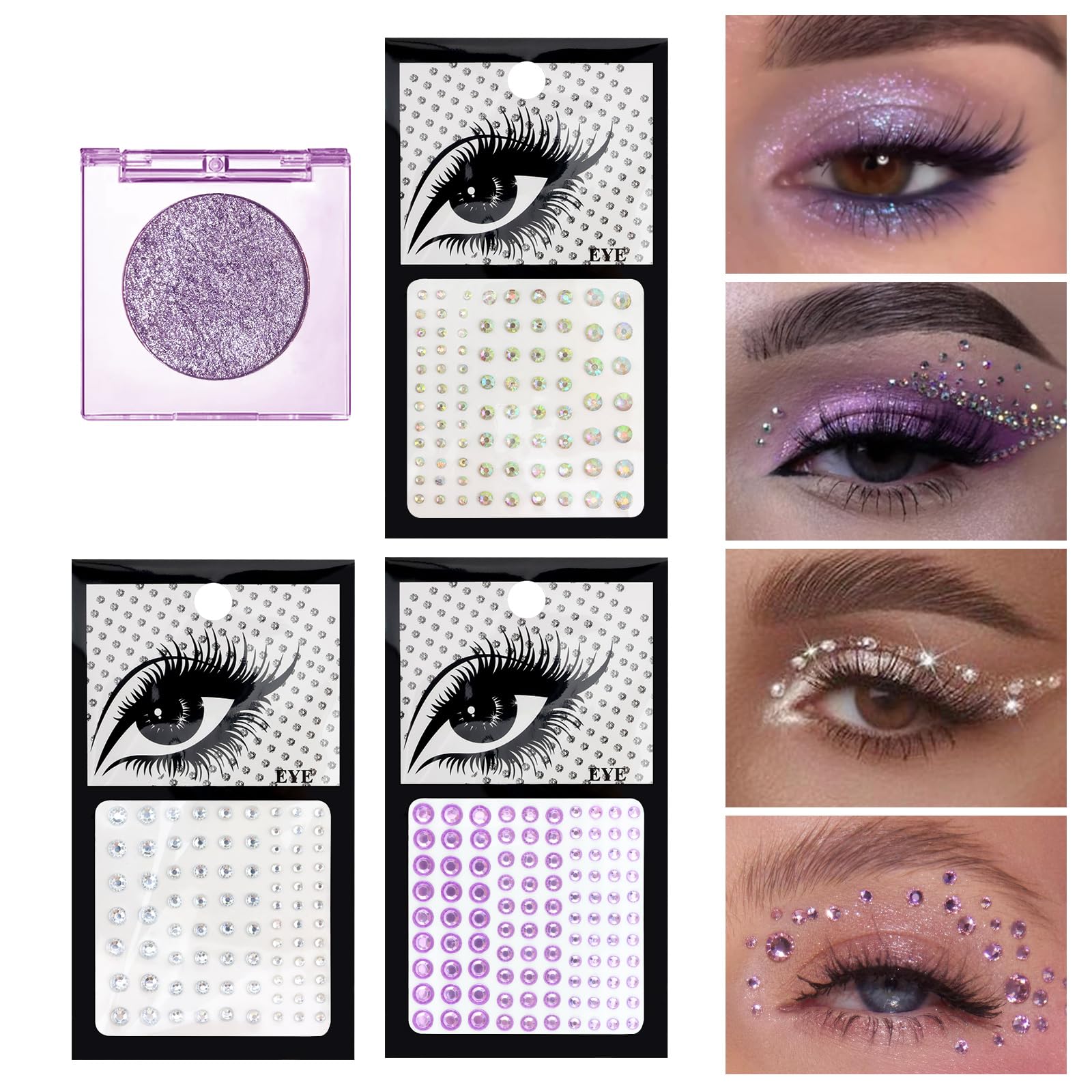 VOTACOS Purple Glitter Eyeshadow & 3Pcs Face Gems Stick on Set for Women