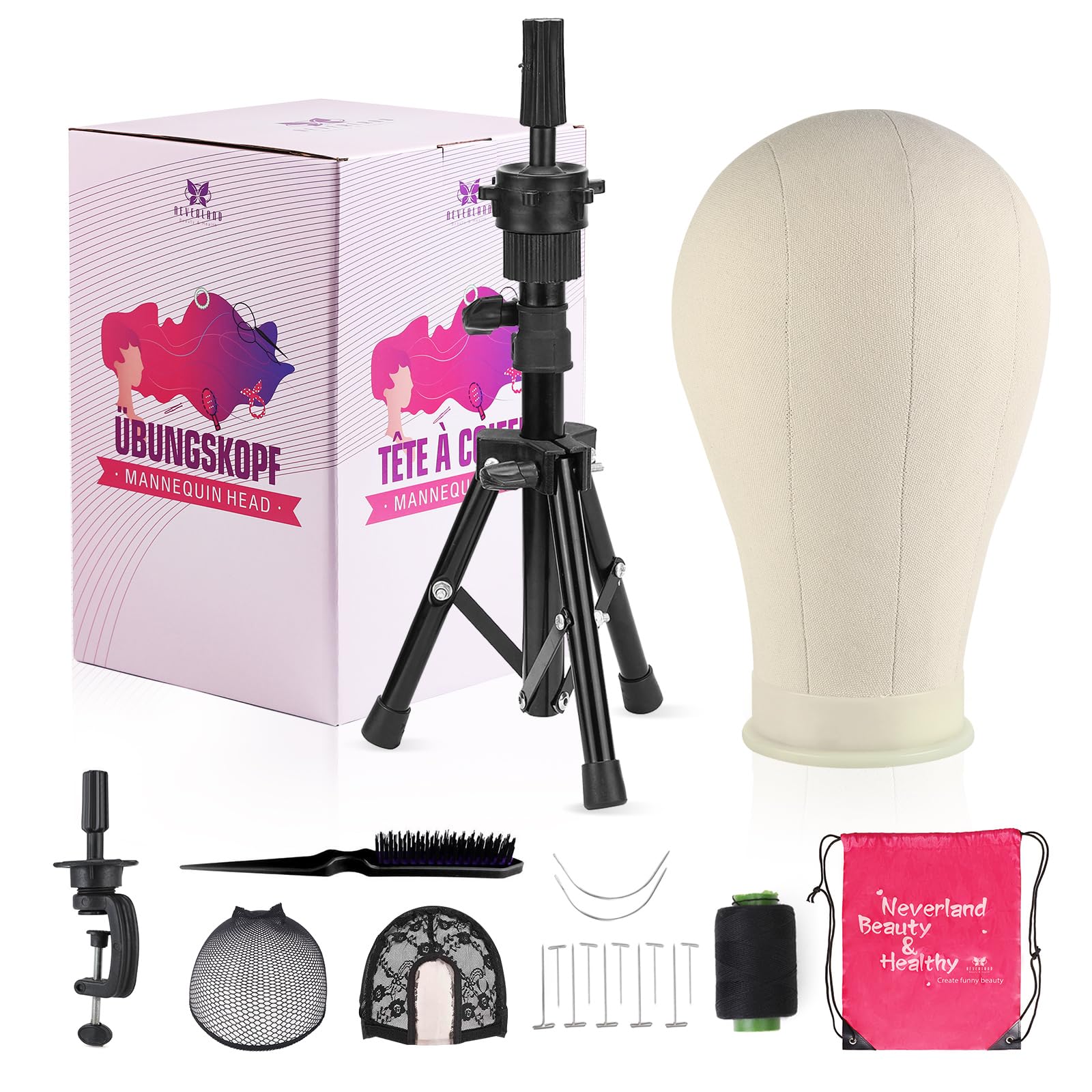 Neverland Beauty & Health 23 Inch Canvas Wig Head Stand Tripod Set, A-White, 6 Pieces with Mannequin Head, T Pins, and Brush