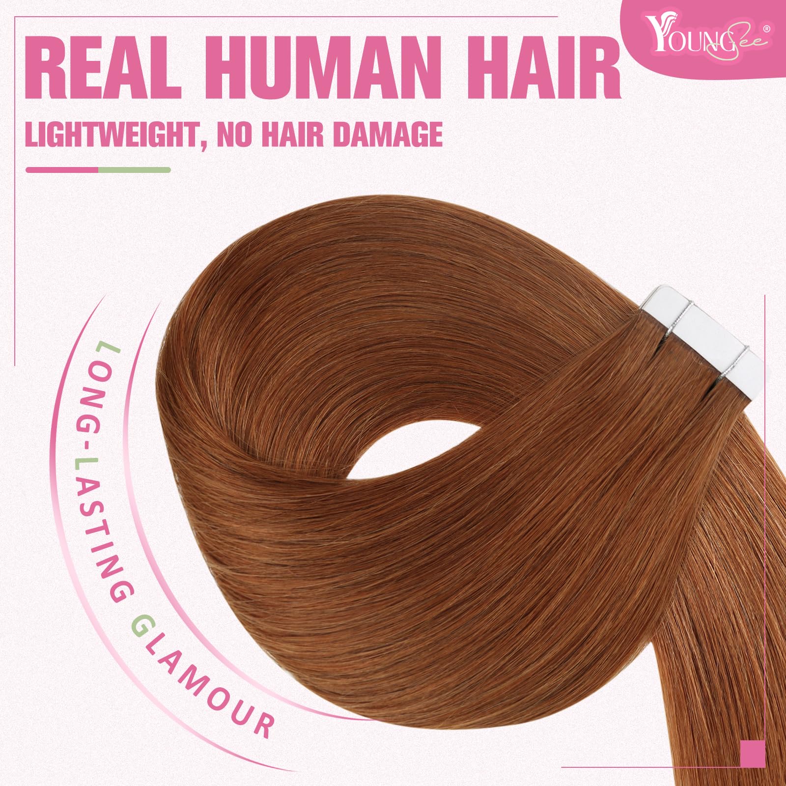 YoungSee Tape in Hair Extensions Human Hair Copper Human Hair Tape in Extensions Copper Tape in Human Hair Extensions 12Inch Sho