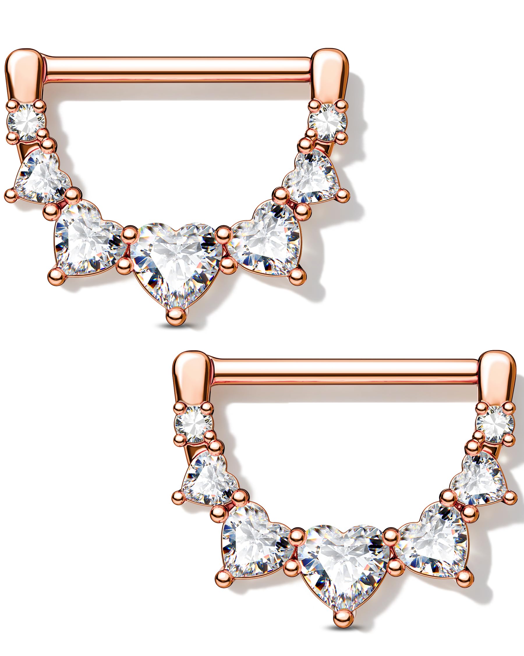 Melighting 2pcs Nipple Ring Surgial Steel 316L Piercing Jewelry Shiny Heart Clear CZ Nipple Bars 14mm Rose Gold