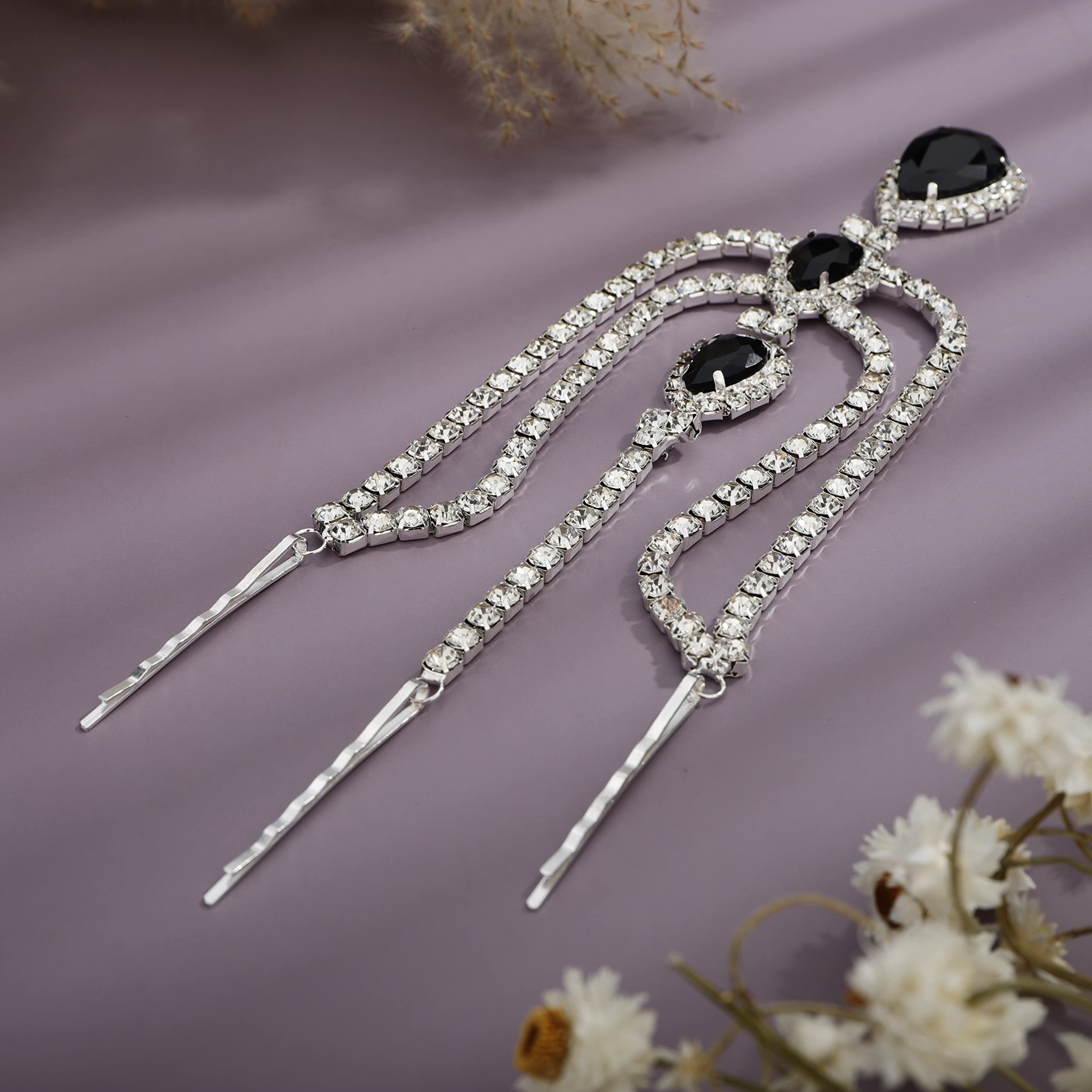 YERTTER Bohemian Full Silver Rhinestone Chain Black Crystal Head Chain Clip Drop Pendant HeadPieces Forehead Headband Hair Acces
