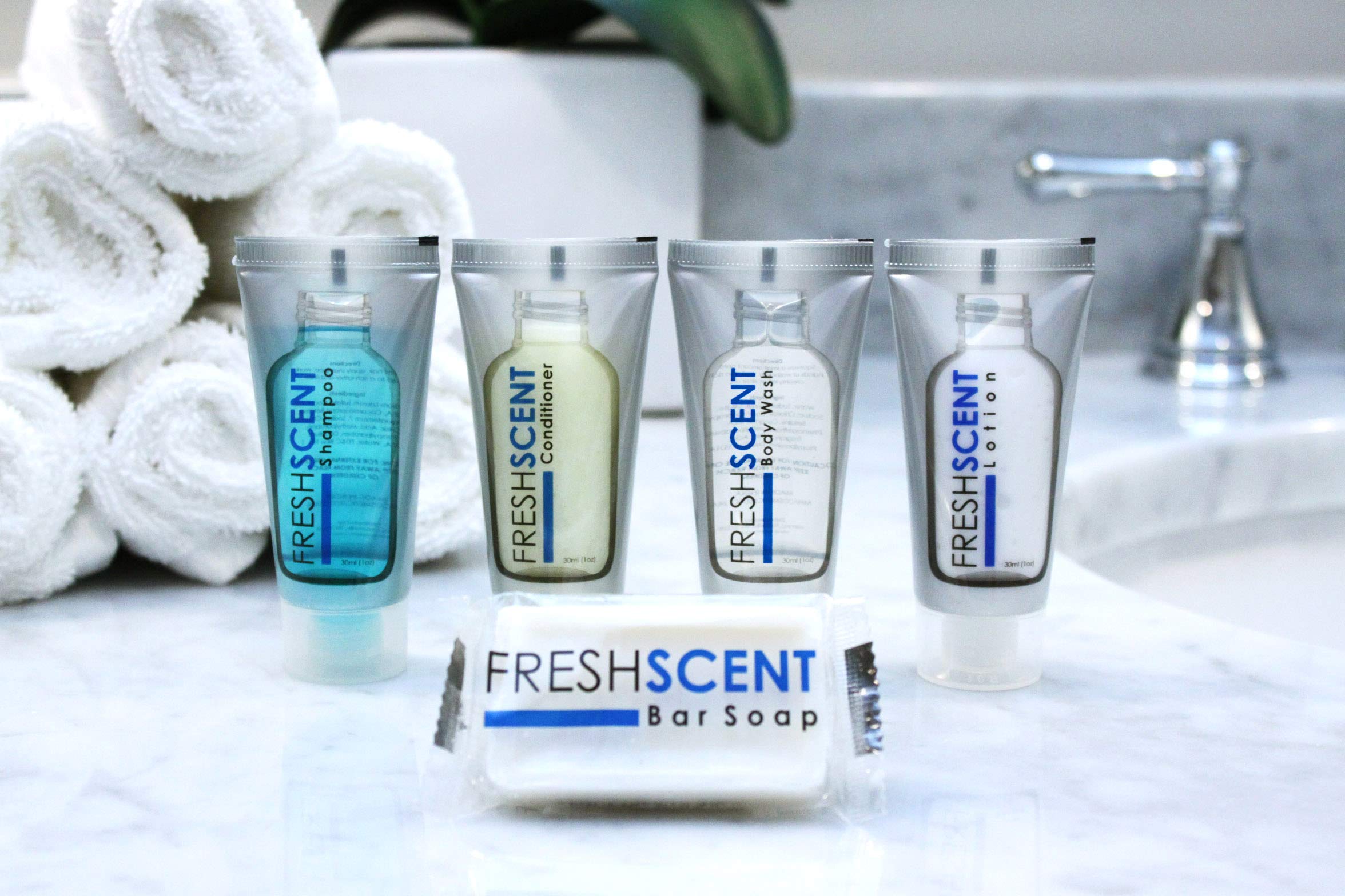 Freshscent Hotel Collection 250 Piece Set. Travel Size Amenities Bulk Toiletries Kit Of 50 Each 1Oz Tubes Shampoo, Conditioner,