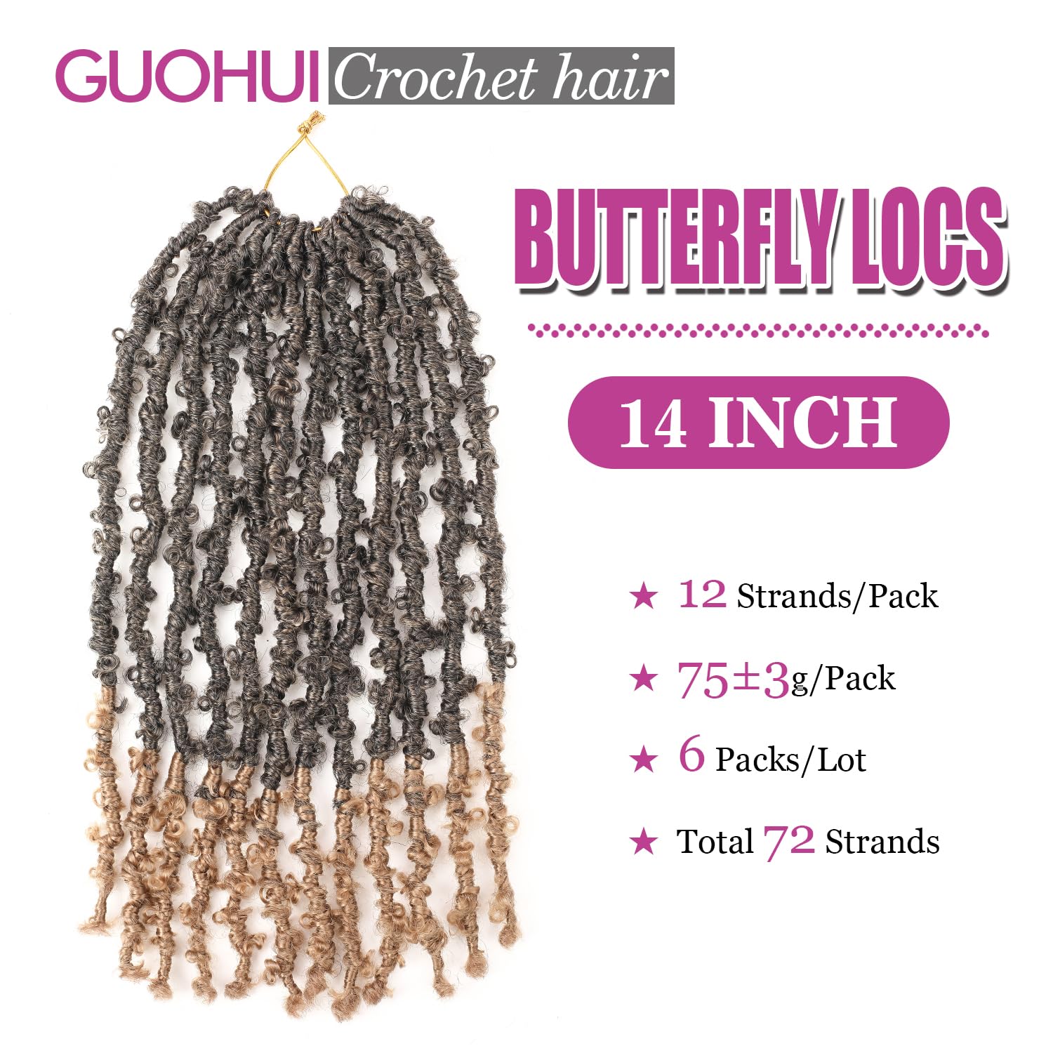 Guohui Super Light Butterfly Locs Crochet Hair 14 Inch 6 Packs Pre-Looped Soft Distressed Faux Locs Braids For Women Kids (14 In