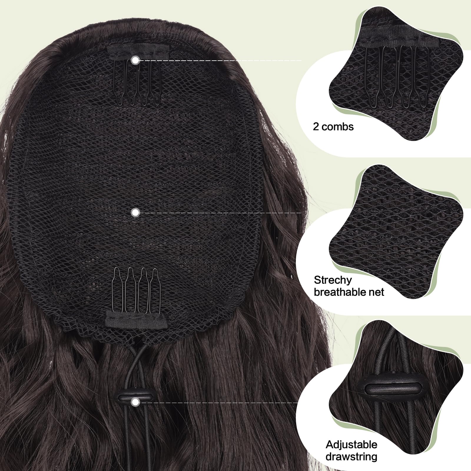 Feshfen Ponytail Extensions, Drawstring Ponytails Hair Extension Dark Brown Short Curly Wavy Hair Piece Synthetic Brown Pony Tai