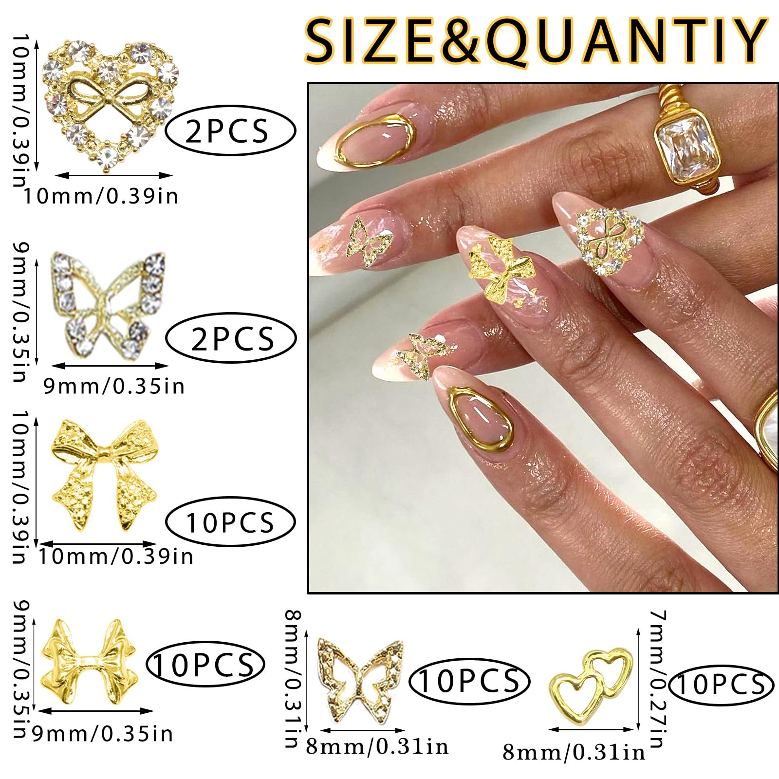 Rodaky 44Pcs Gold Nail Charms 3D Bow Butterfly Charms For Nails Metal Heart Nail Gems Multi Style Luxury Nails Decoration For Ma