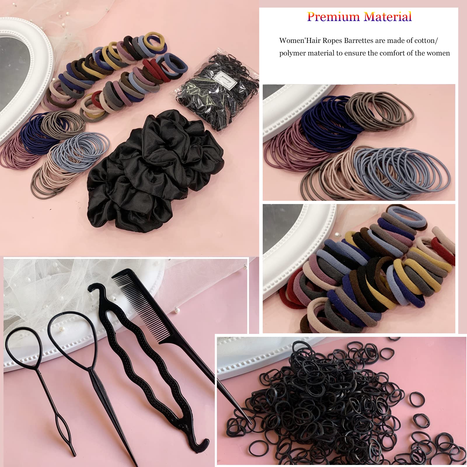 YANRONG Hair Accessories Set - 755PCS Seamless Ponytail Holders, Cotton Hair Scrunchies, Bands & Ties for Thick & Curly Hair, Mix Color