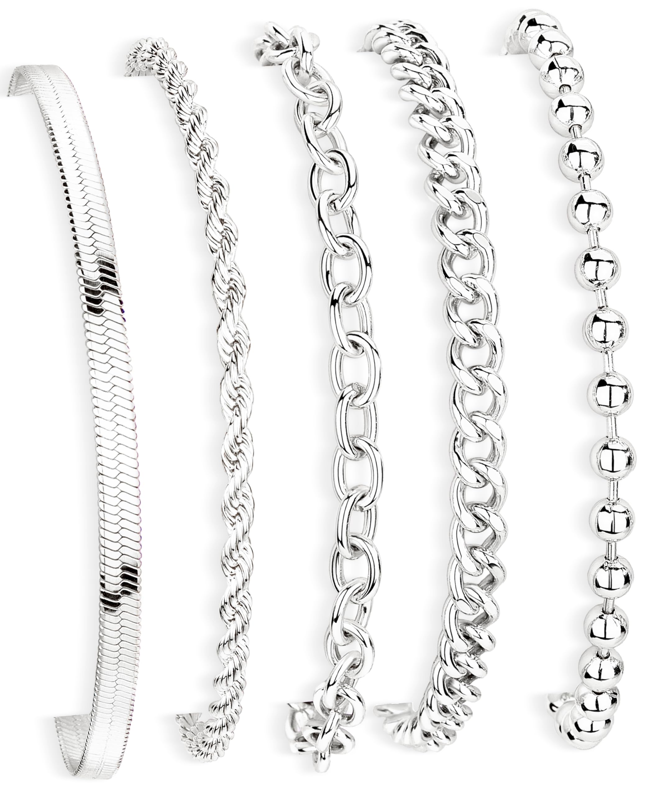 Silver Bracelets for Women Non Tarnish, Dainty Waterproof Silver Stackable Bracelet Set Stack With Beaded, Cuban, Paperclip, Sna