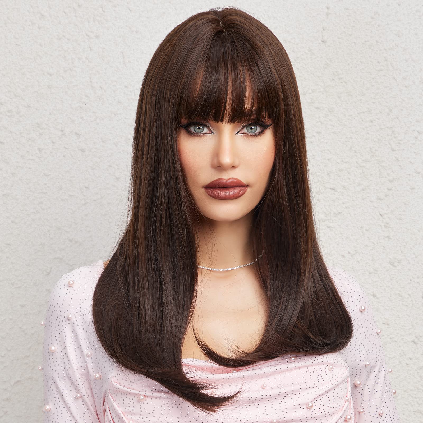 Haircube Dark Brown Synthetic Women'S Wig Long Straight Layered And Heat Resistant