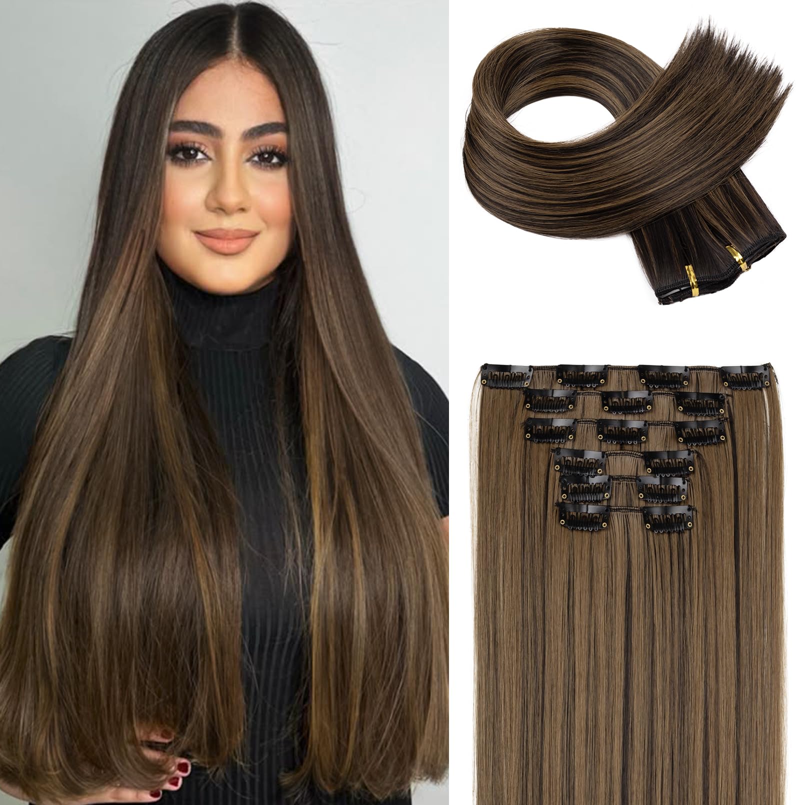 Flufymooz 6PC Clip in Hair Extensions 24'' Straight Long Extensions for Women Synthetic Hairpiece (Black Brown with Highlights)
