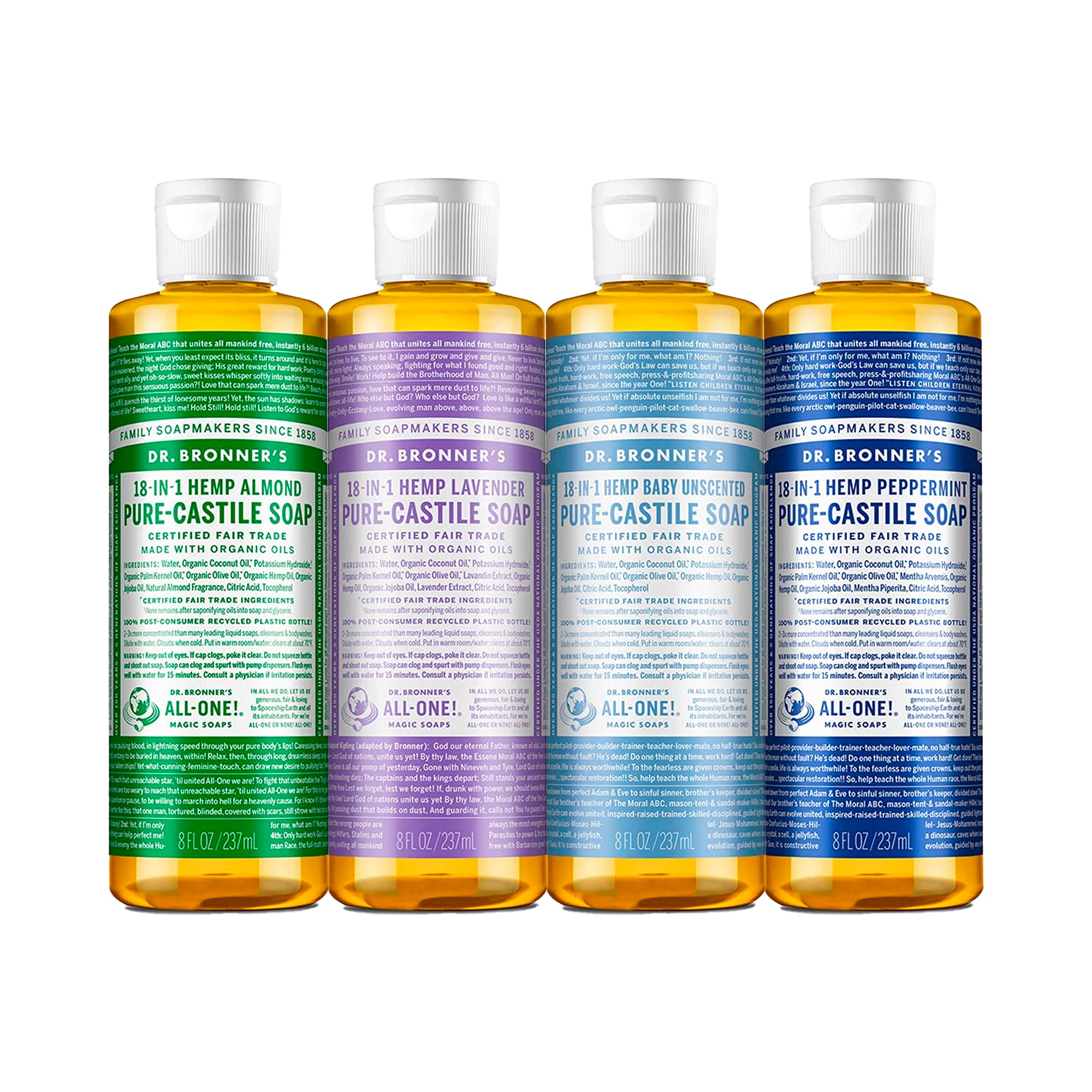 Dr. Bronners - Pure-Castile Liquid Soap (8 oz Variety Pack) Peppermint, Lavender, Almond & Baby Unscented - Made with Organic O
