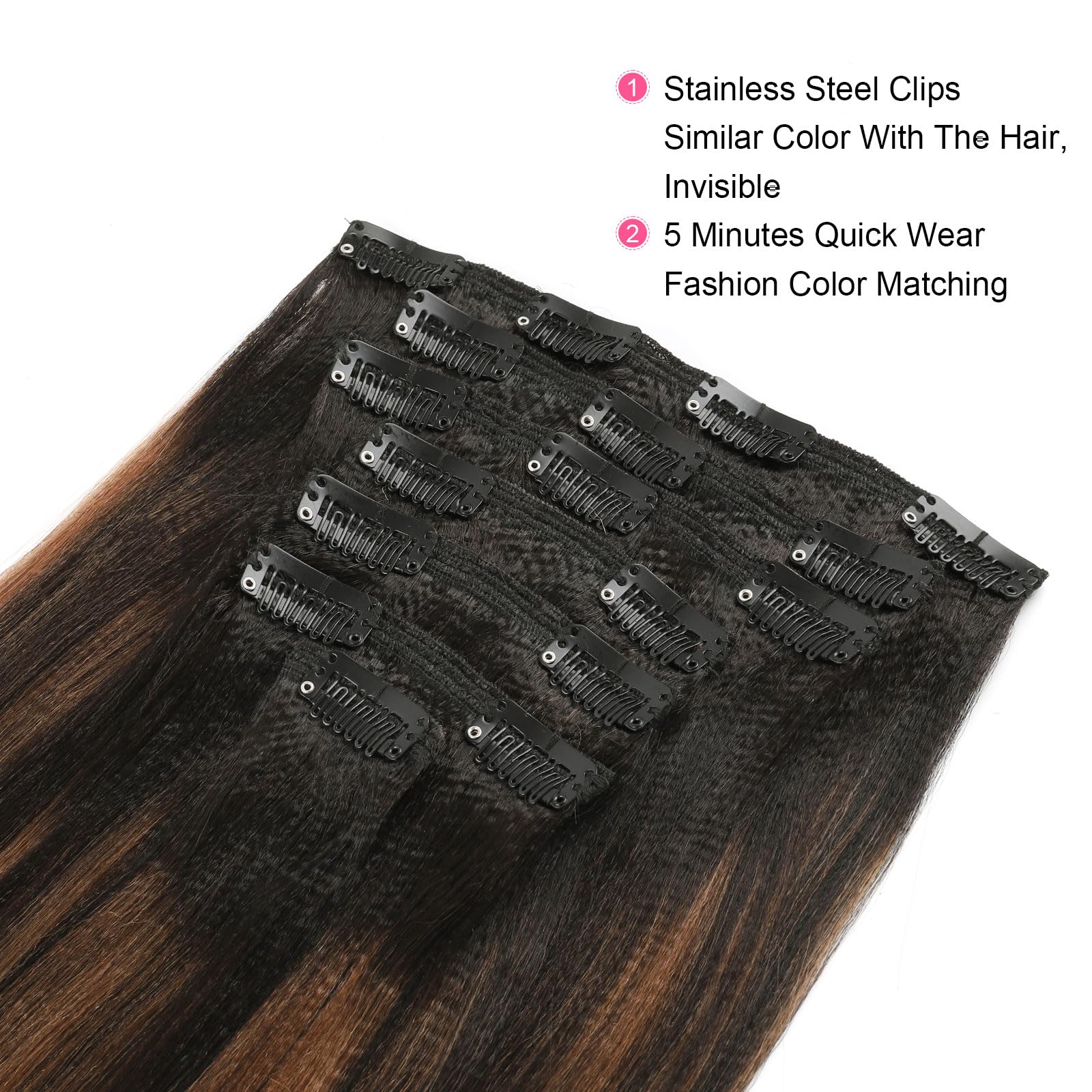 Abh Amazingbeauty Hair Yaki Straight Clip Ins Human Hair Rooted Black Piano Natural Black #1B Mixed With Light Auburn #30 Two To