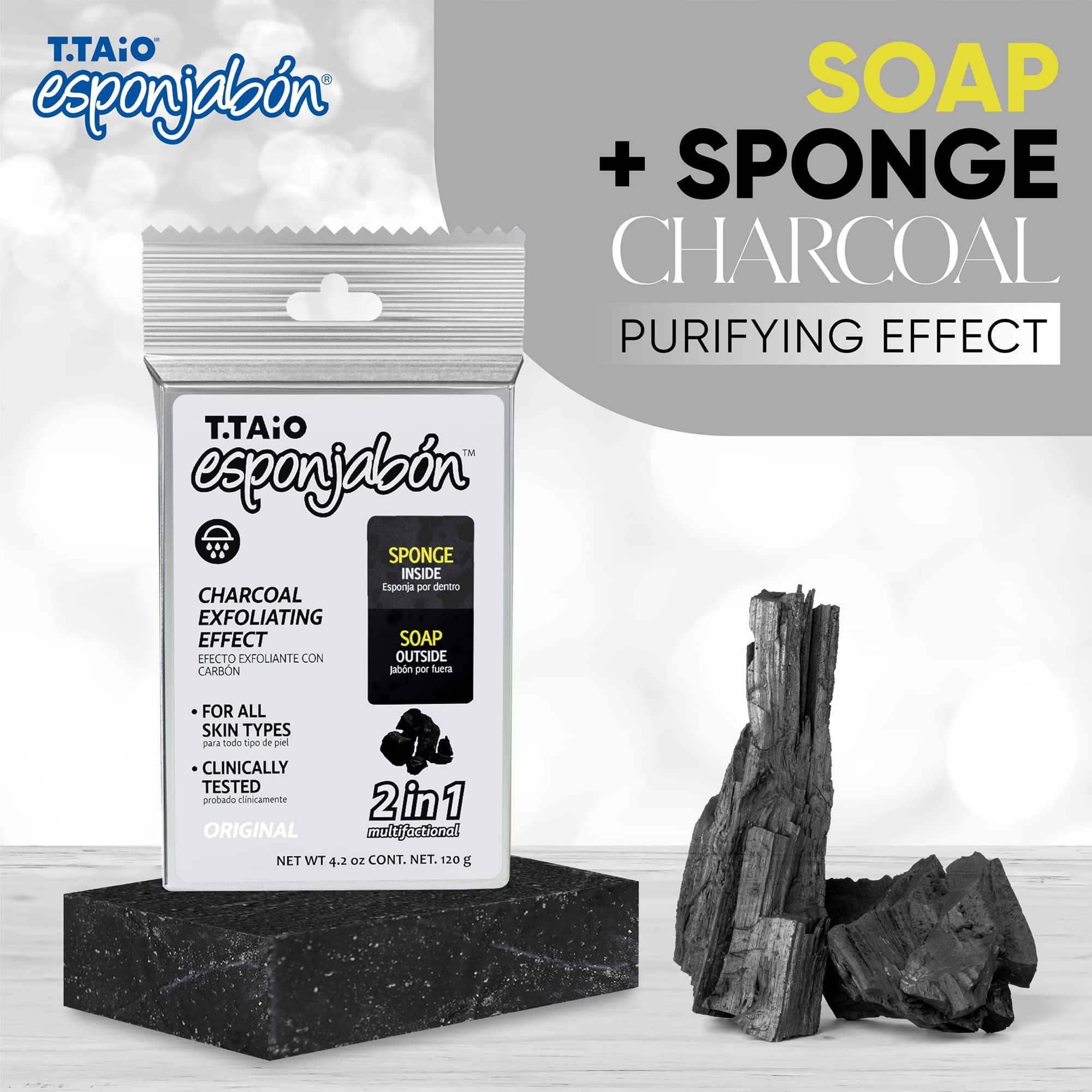 Ttaio Esponjabon Charcoal Soap Sponge - Cleansing Shower Scrubber - Cleaning Bath Wash Scrub - Oil Removal - Massage & Lather Fo