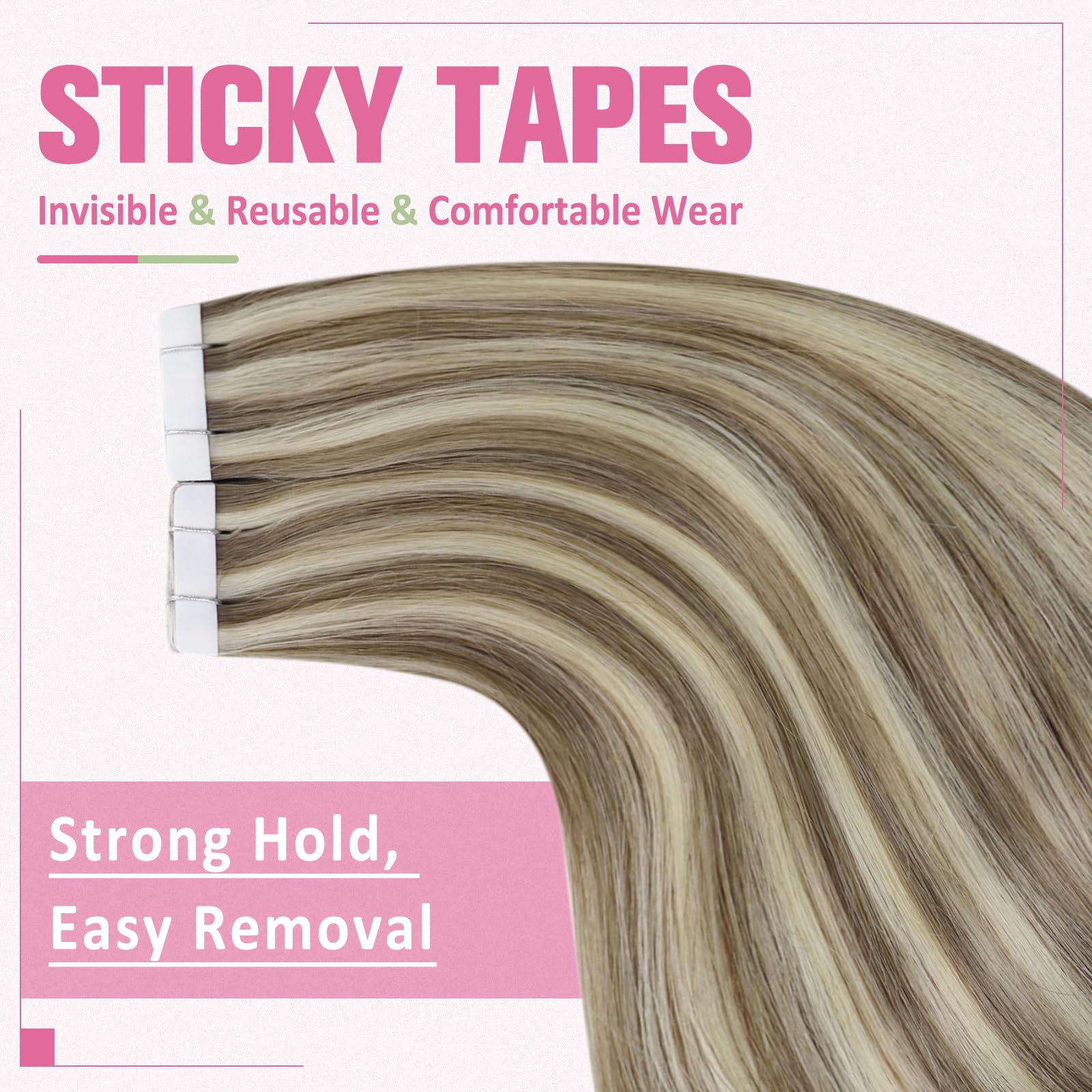 YoungSee Tape in Hair Extensions Human Hair Brown Highlight Tape ins Human Hair Extensions Highlight Light Brown with Blonde Sea