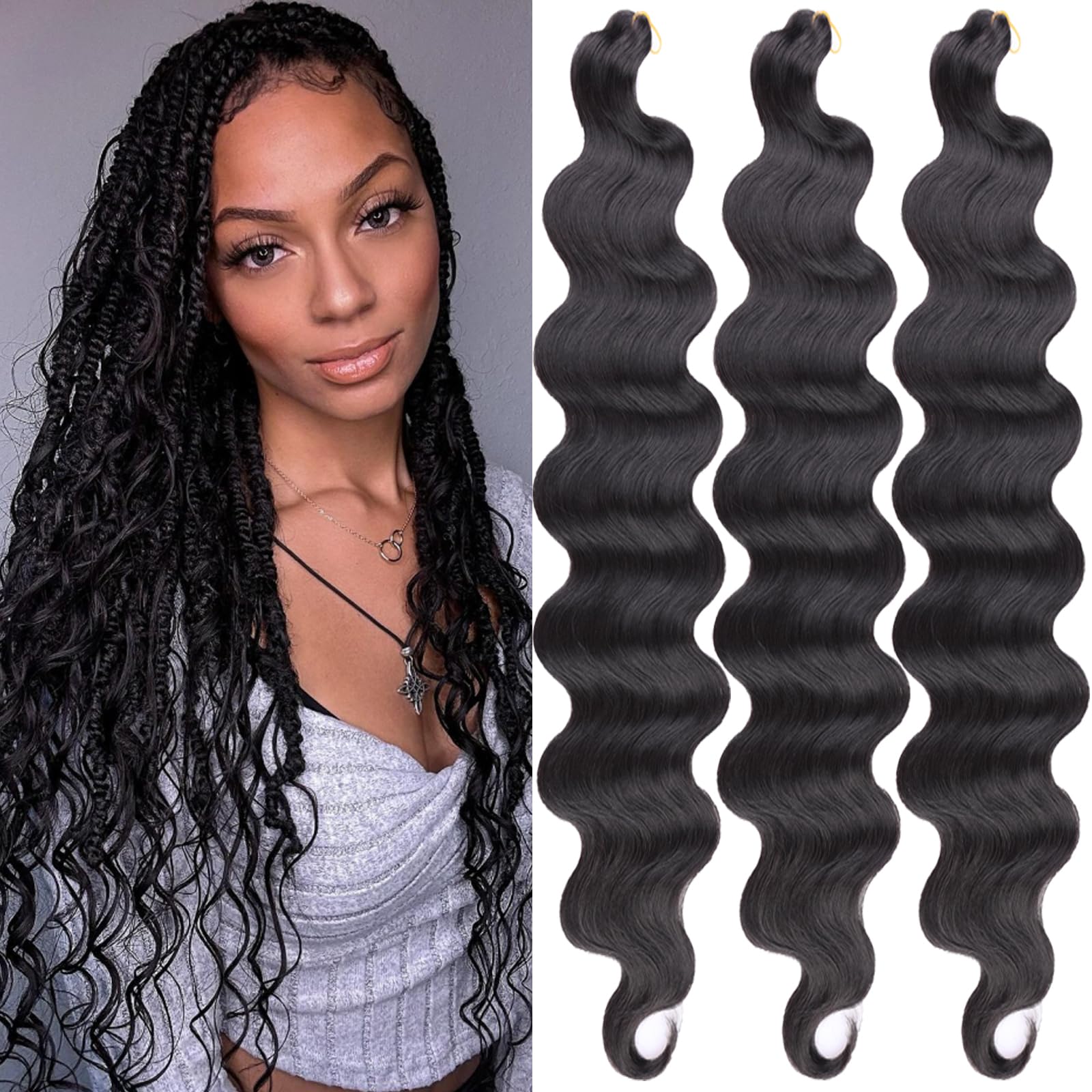 Unionbeauty 24 Inch 3 Pack Body Wave Braiding Hair Black Pre-Feathered Braiding Hair French Curl Crochet Braids Body Wave Croche