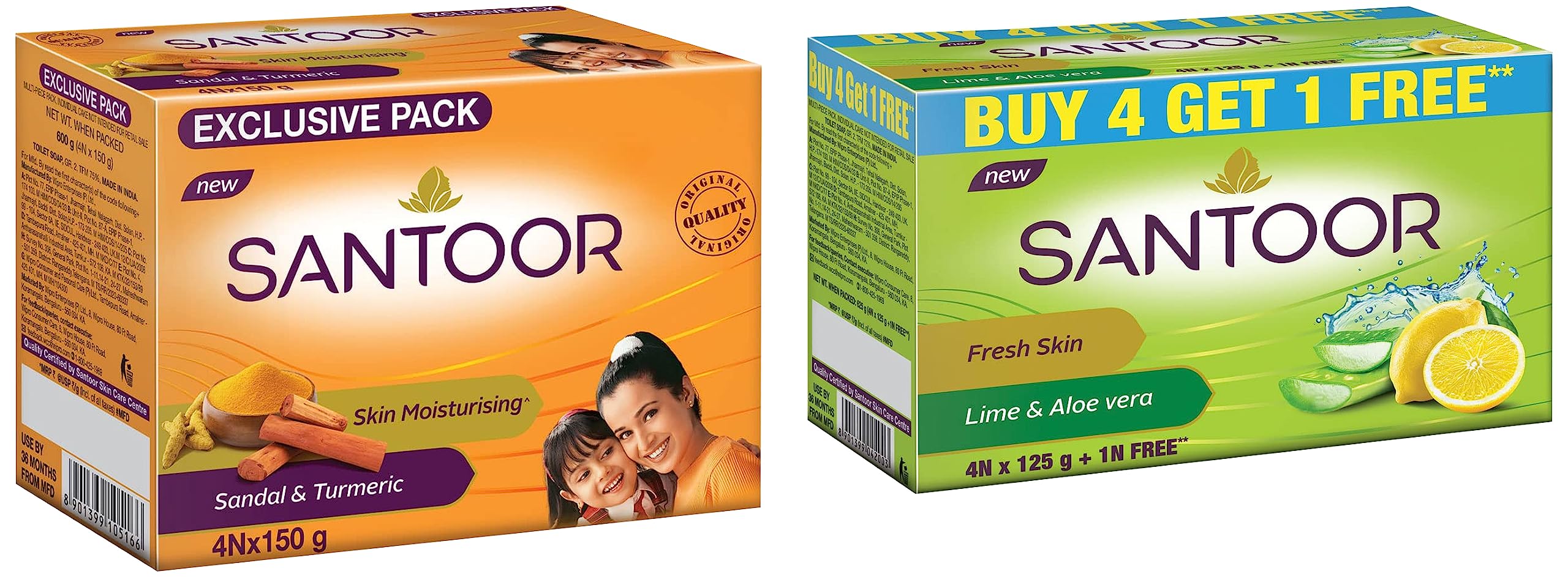 Santoor Plain Bathing Bar, 150Gm [Pack Of 4] & Santoor Aloe Fresh Soap With Aloe Vera And Lime, 125G (Buy 4 Get 1 Free)