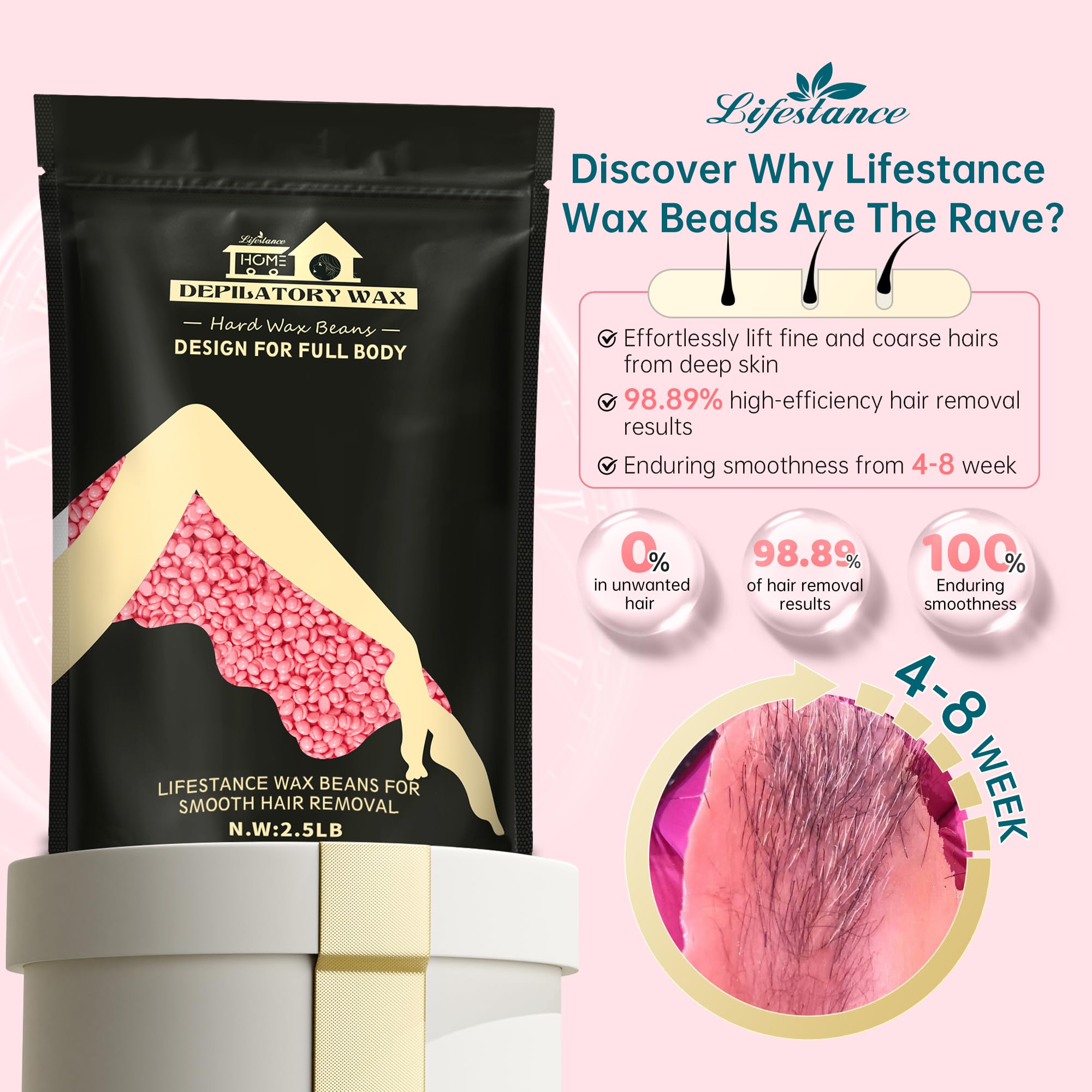 Lifestance Wax Beans Hair Removal Kit, Rose Pink, 2.5Lb With 30 Applicators For Eyebrow, Face, Underarm, Bikini Waxing, Women Me