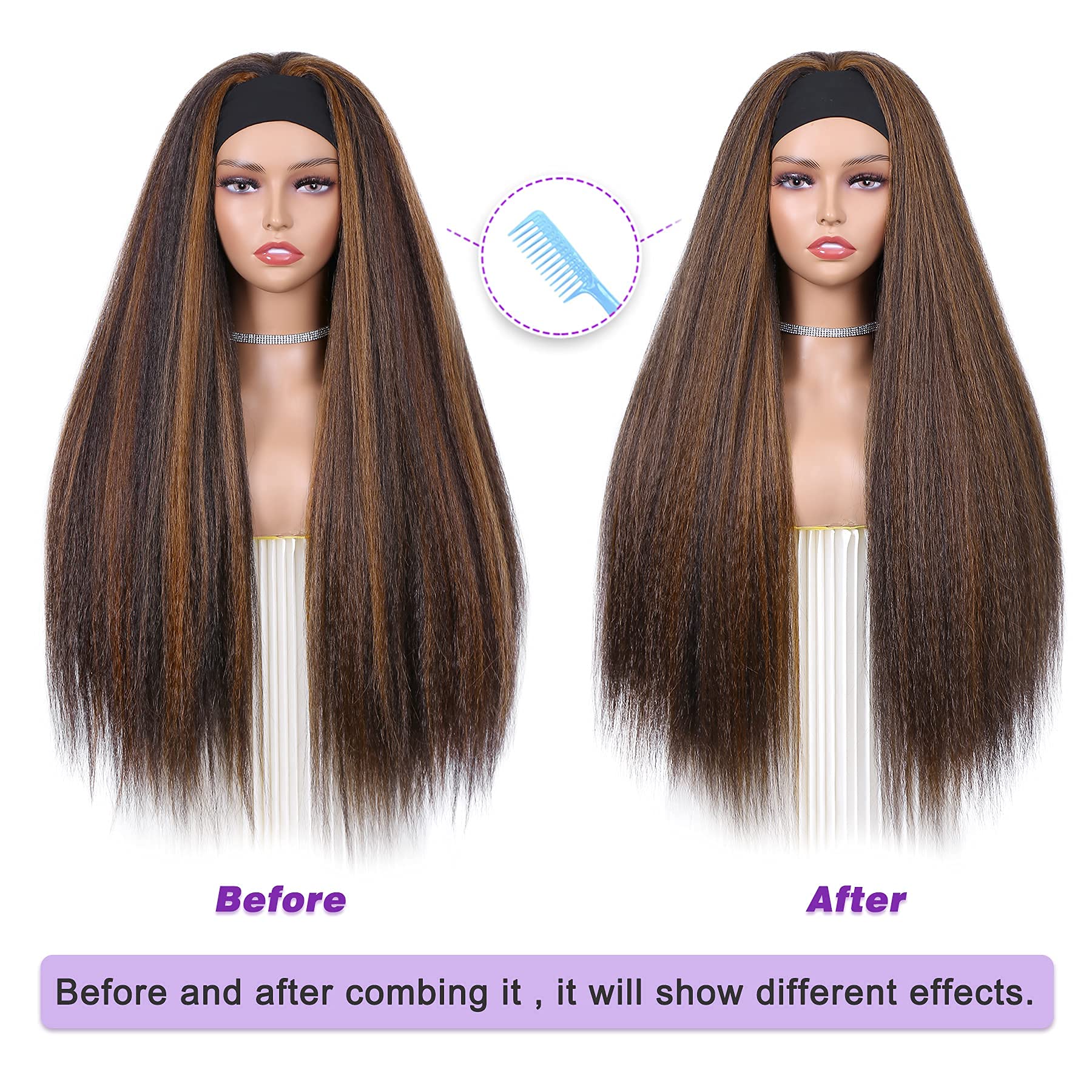 Wignee 26 Inches Kinky Straight Headband Wig For Women Yaki Straight Wigs With Black Headband Kinky Afro Wigs For Black Women(Br