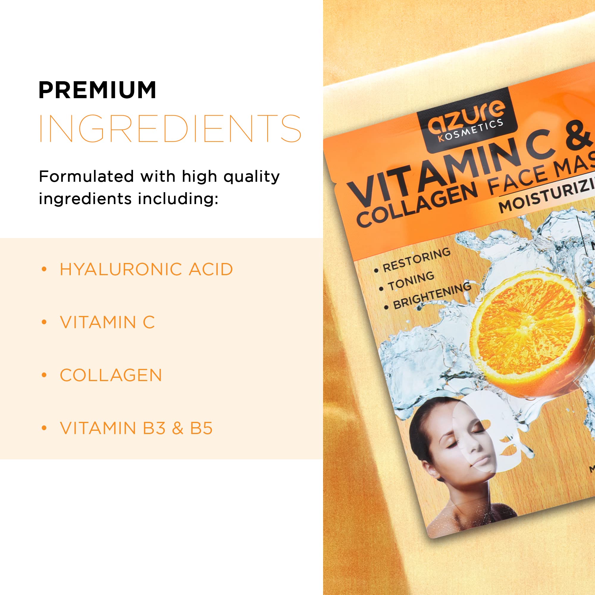 AZURE Vitamin C & Collagen Moisturizing Facial Mask- Anti Aging, Deeply Moisturizing & Firming - Brightening Mask, Improves Elas