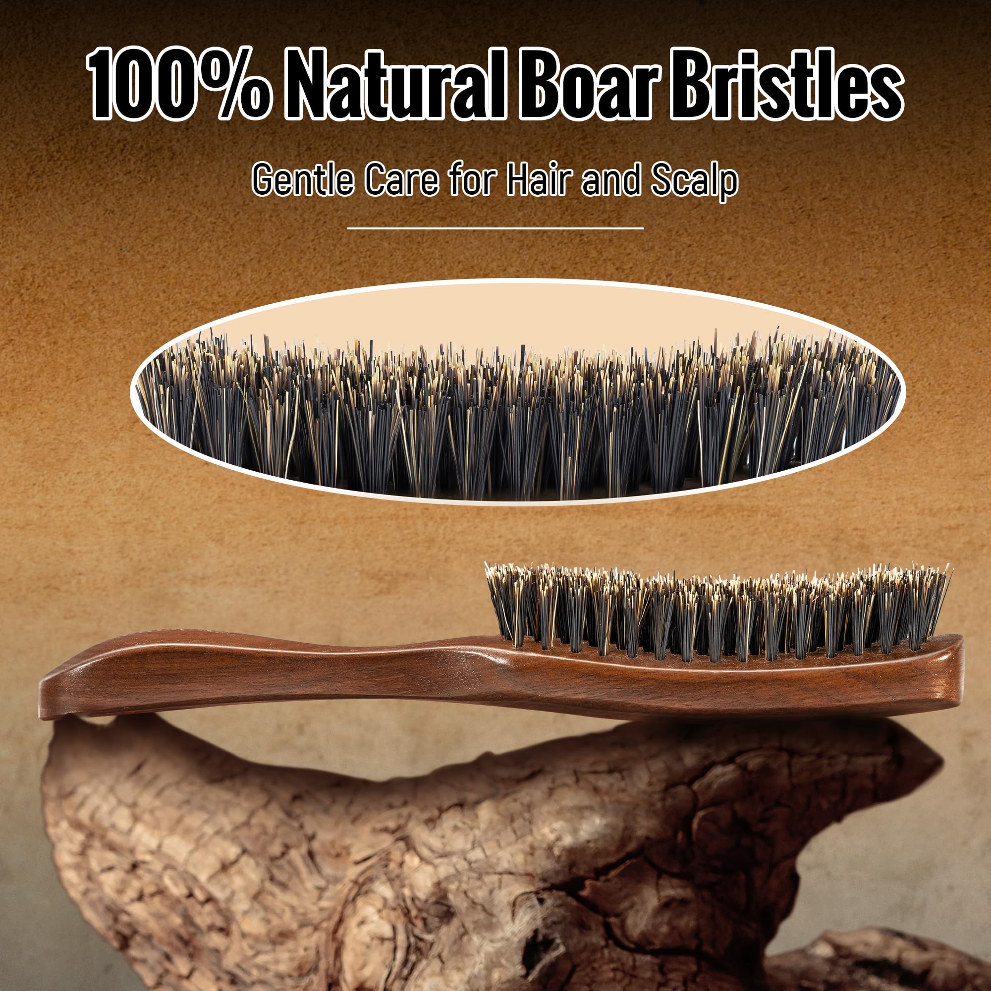 Boar Bristle Hair Brush For Men, Mens Slick Back Hair Brush With Stiff Bristles & Wooden Walnut Handle For Thick & Fine Hair Smo