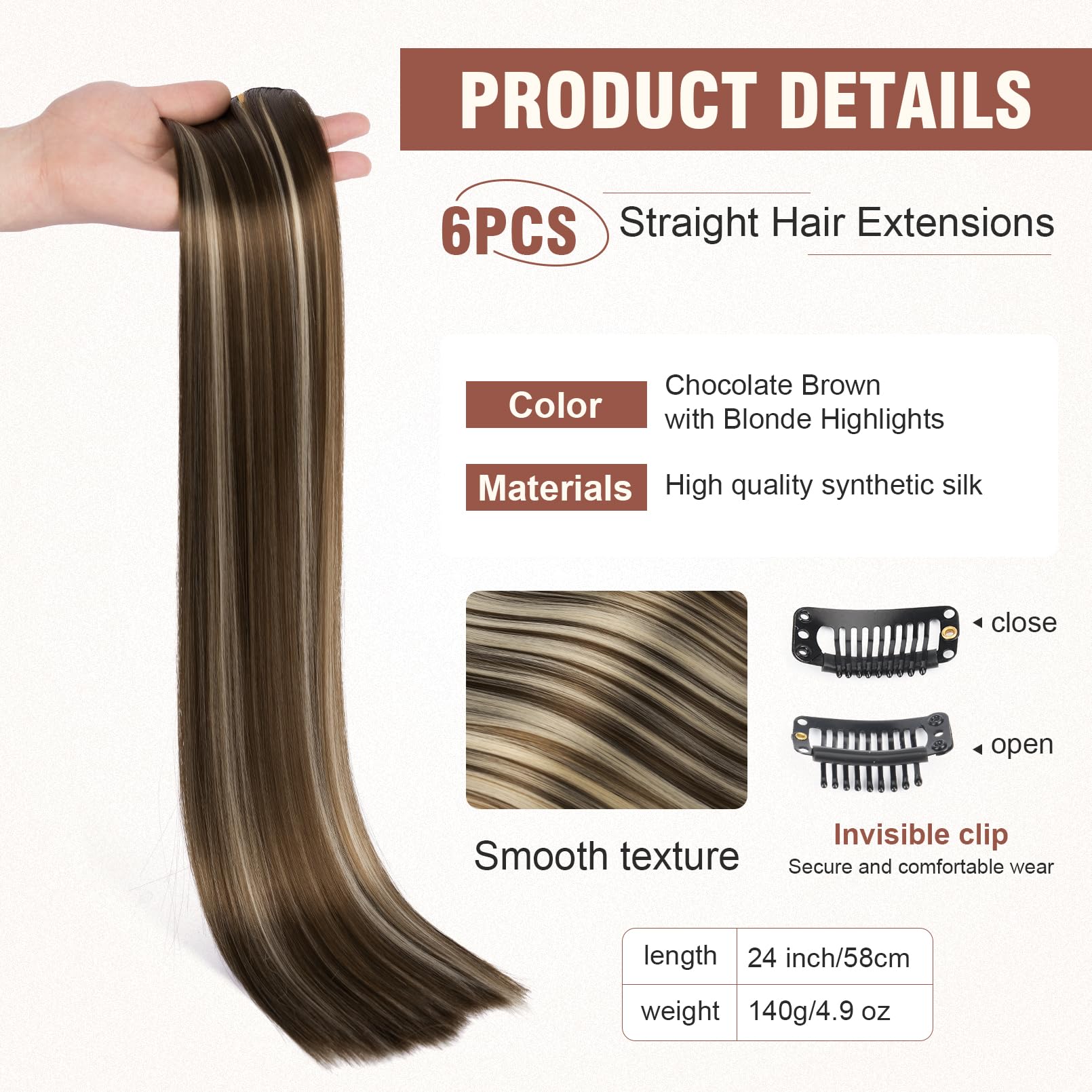 Flufymooz 6Pc Clip In Hair Extensions 24'' Straight Long Extensions For Women Synthetic Hairpiece (Chocolate Brown With Blonde H