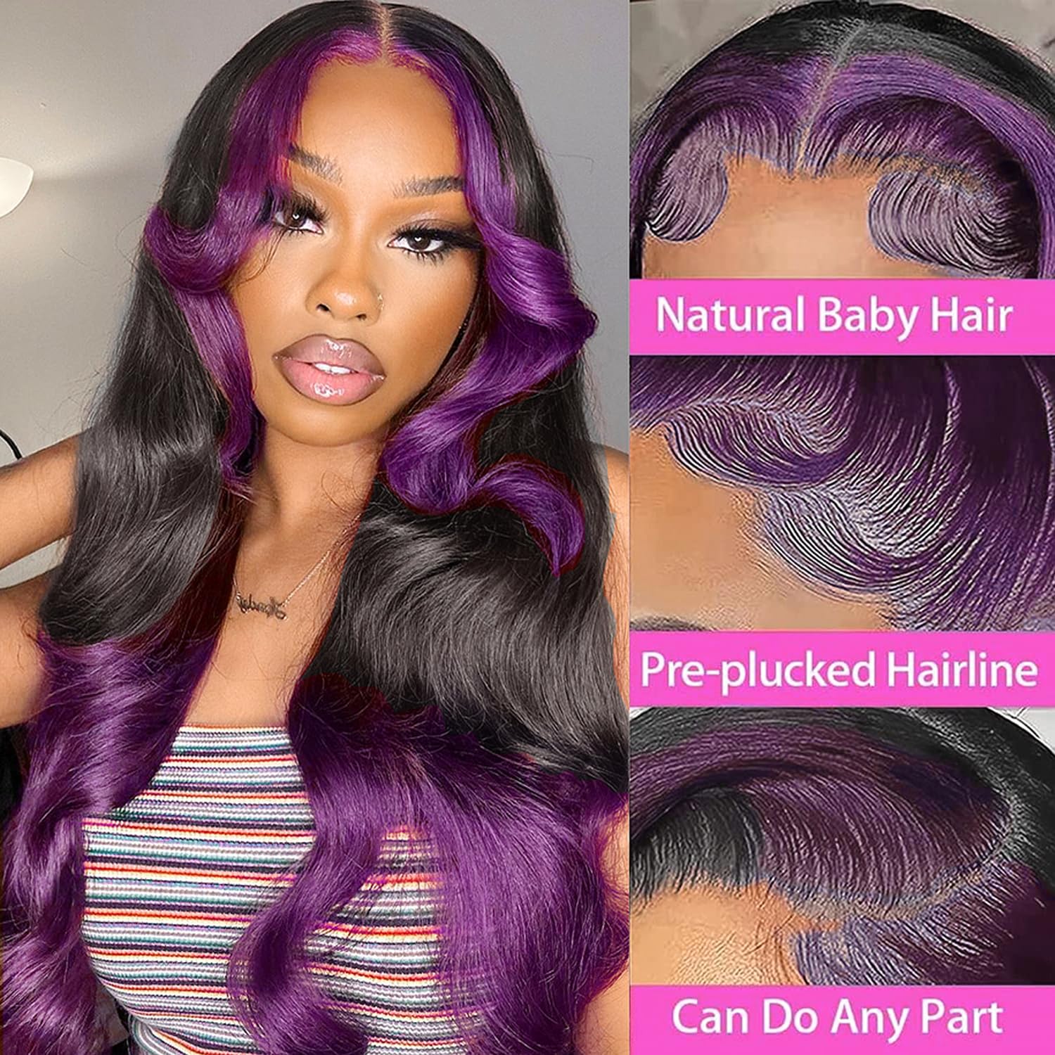Goldfinch Skunk Stripe Wigs Human Hair Lace Front Purple Highlights Wig 13X4 Hd Dark Burgundy Highlight Body Wave 150% Density P