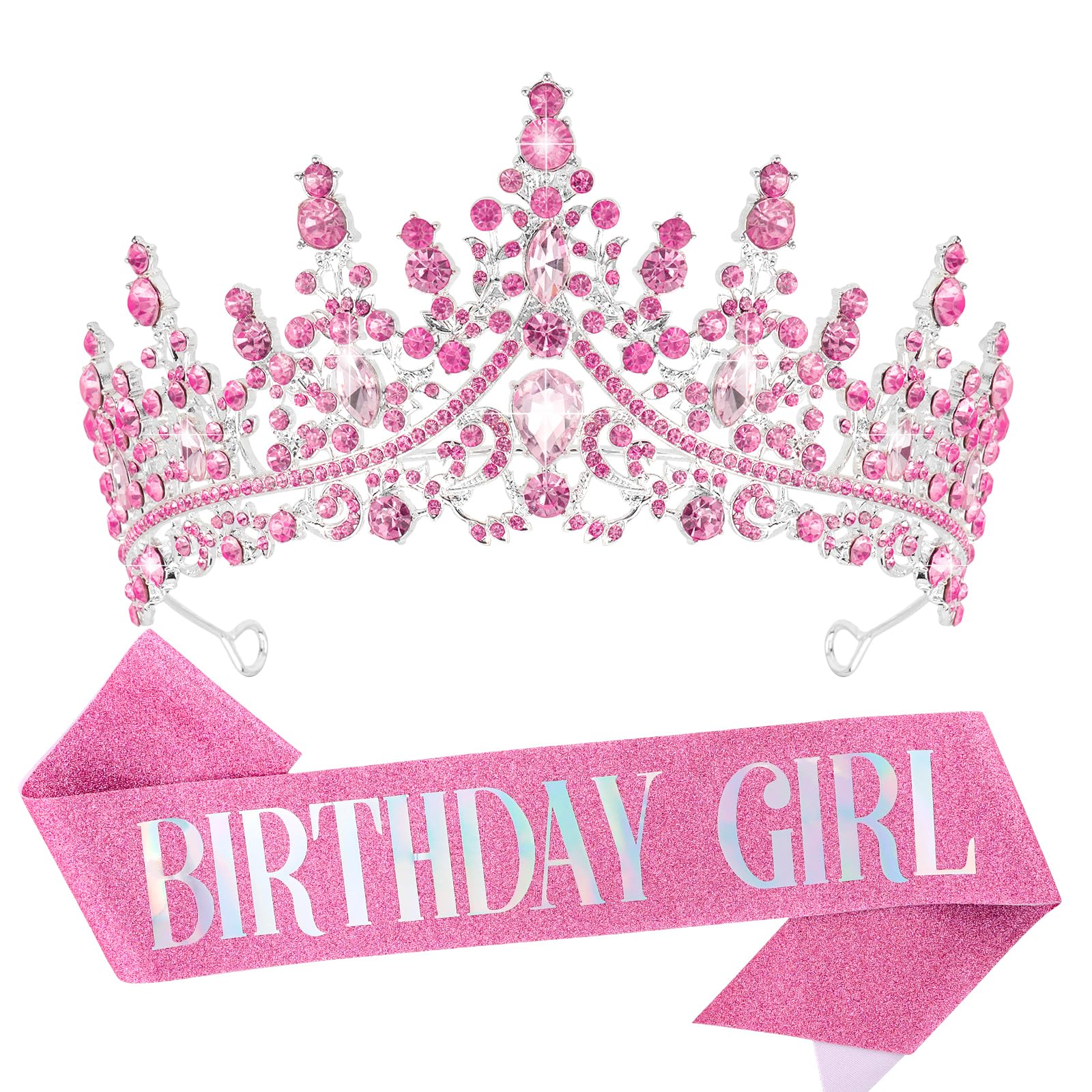 VELSCRUN Birthday Tiara Crowns for Women Girls Pink Crystal Birthday Girl Headband Sash Elegant Princess Crown Happy Birthday Pa