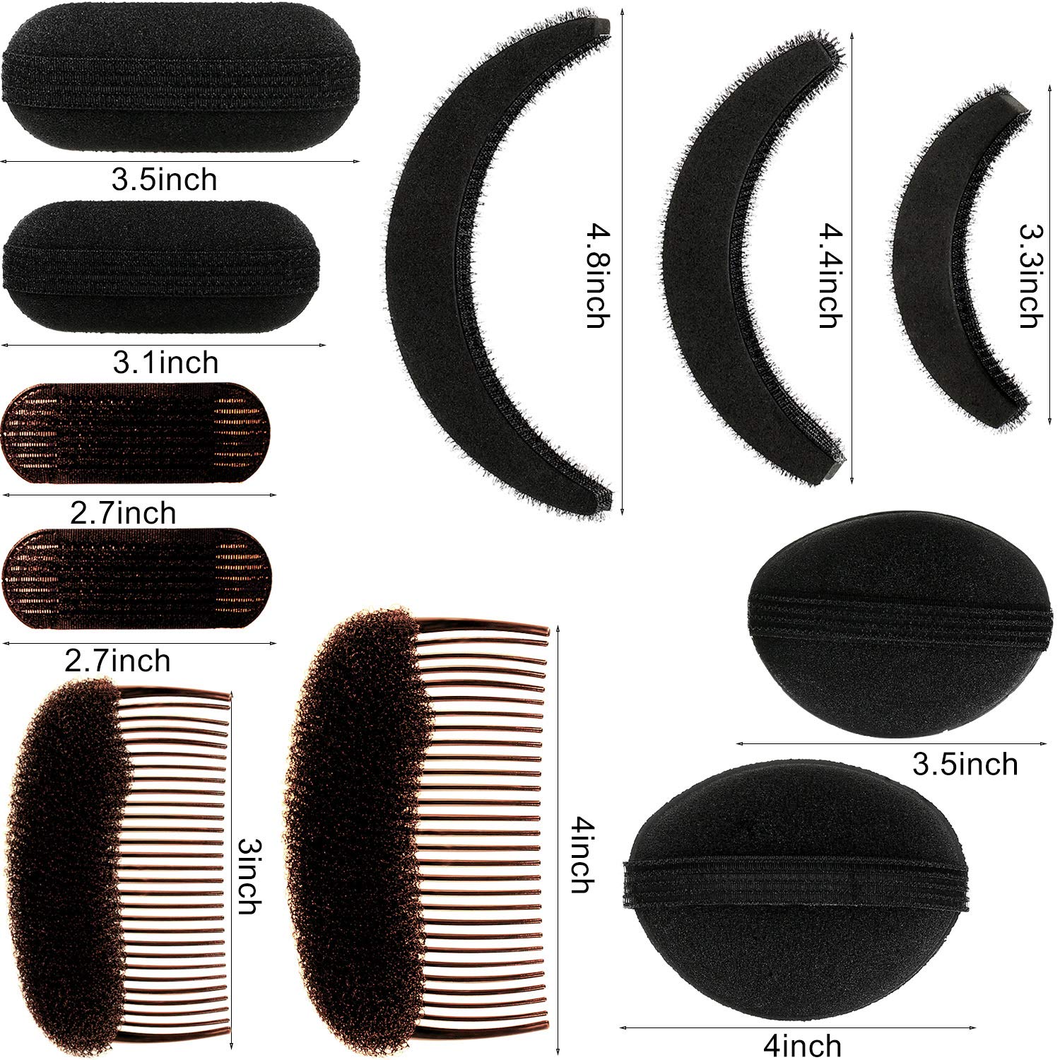 Willbond 11 Piece Set Hair Combs And Clips, Sponge Volume Bump It Up Inserts For Women Girl Diy Hairstyles (Black, Brown)