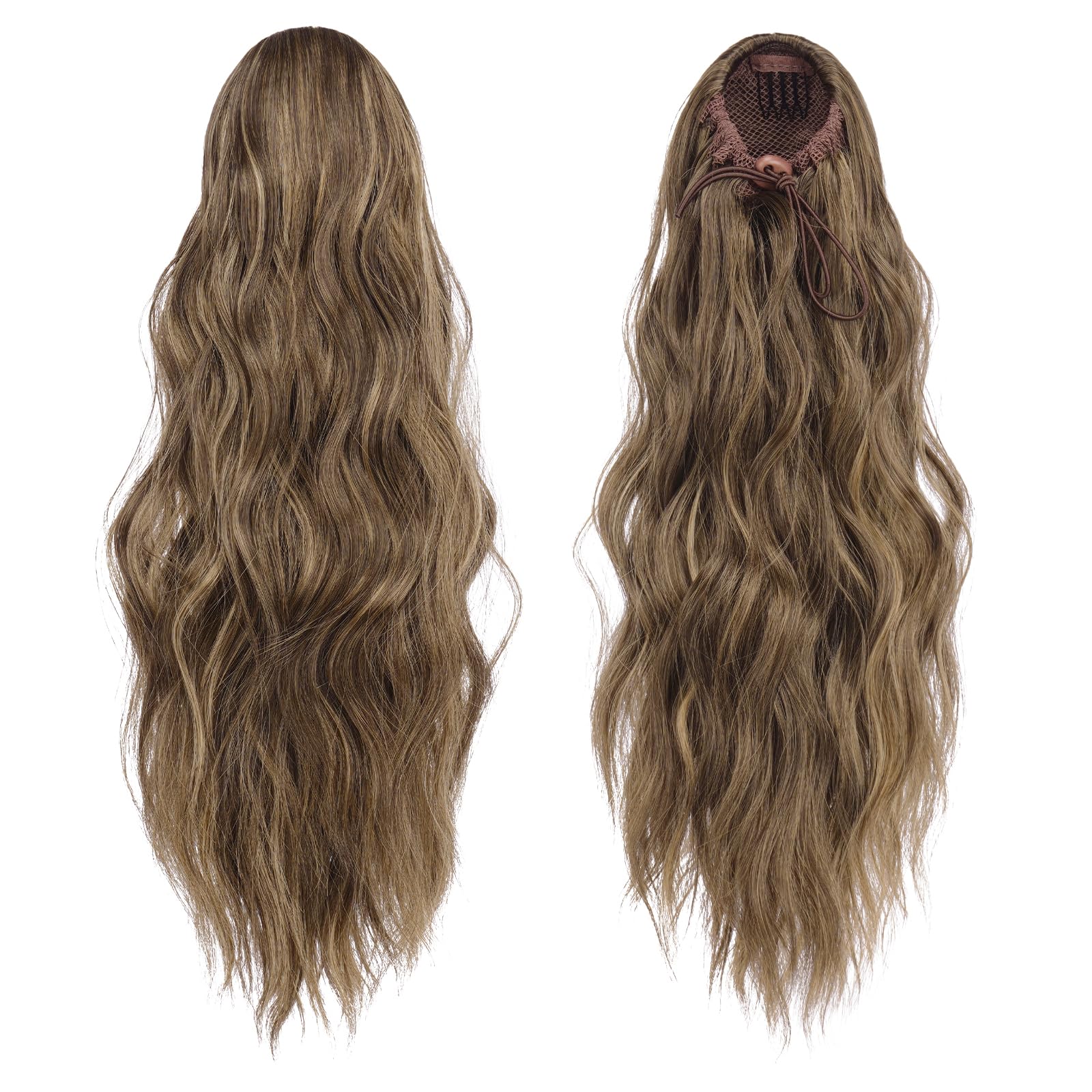 Feshfen Ponytail Extensions, Drawstring Ponytails Hair Extension Long Curly Wavy Hair Piece Synthetic Pony Tail Hairpieces For W