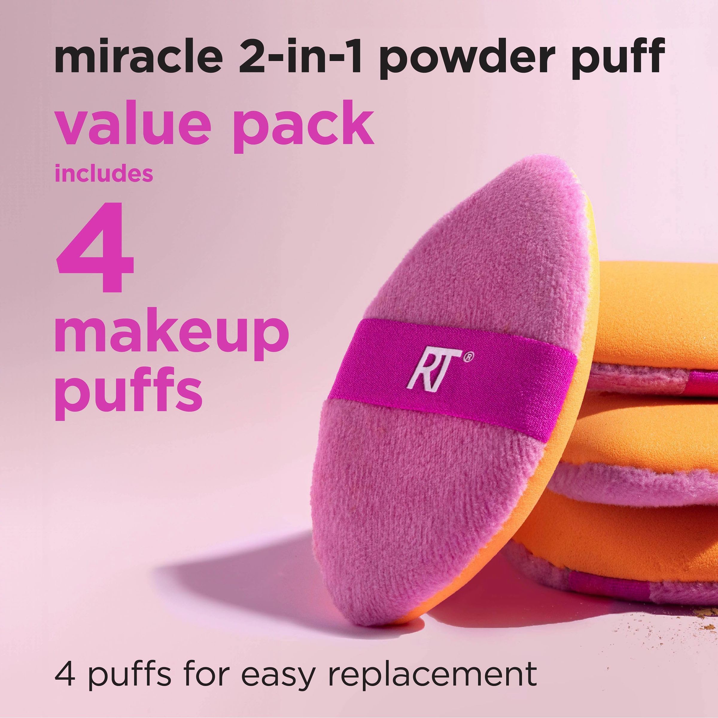 Real Techniques Miracle 2-In-1 Powder Puff 4 Pack, Dual-Sided, Full Size Makeup Blending Puff, Reversible Elastic Band, Makeup S