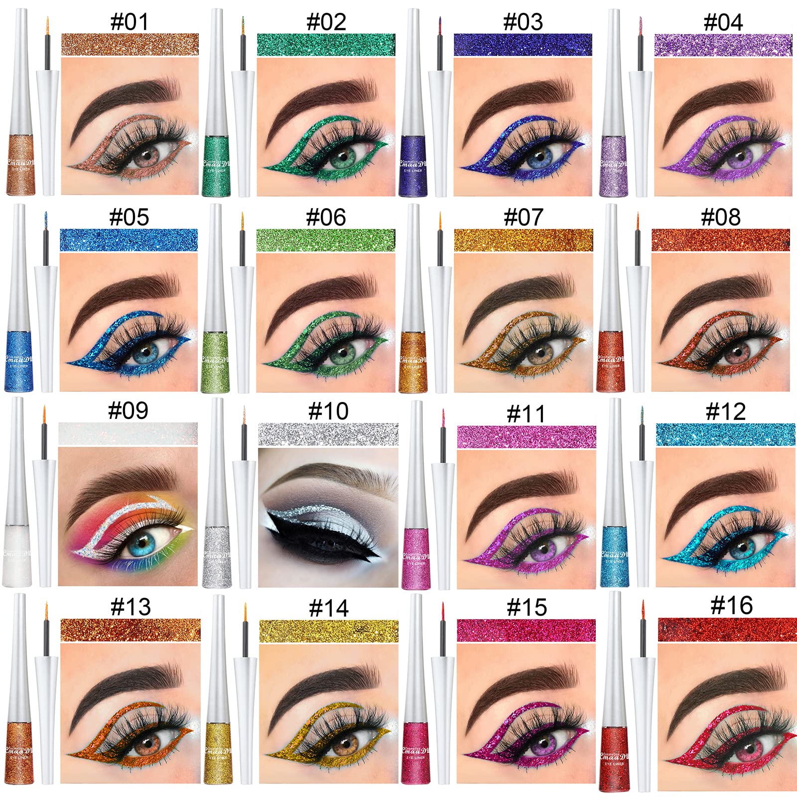 Bonnie Choice 16 Colors Glitter Eyeliner Liquid Set, Metallic Shimmer Glitter Eyeshadow, Waterproof Long Lasting White Silver Ro
