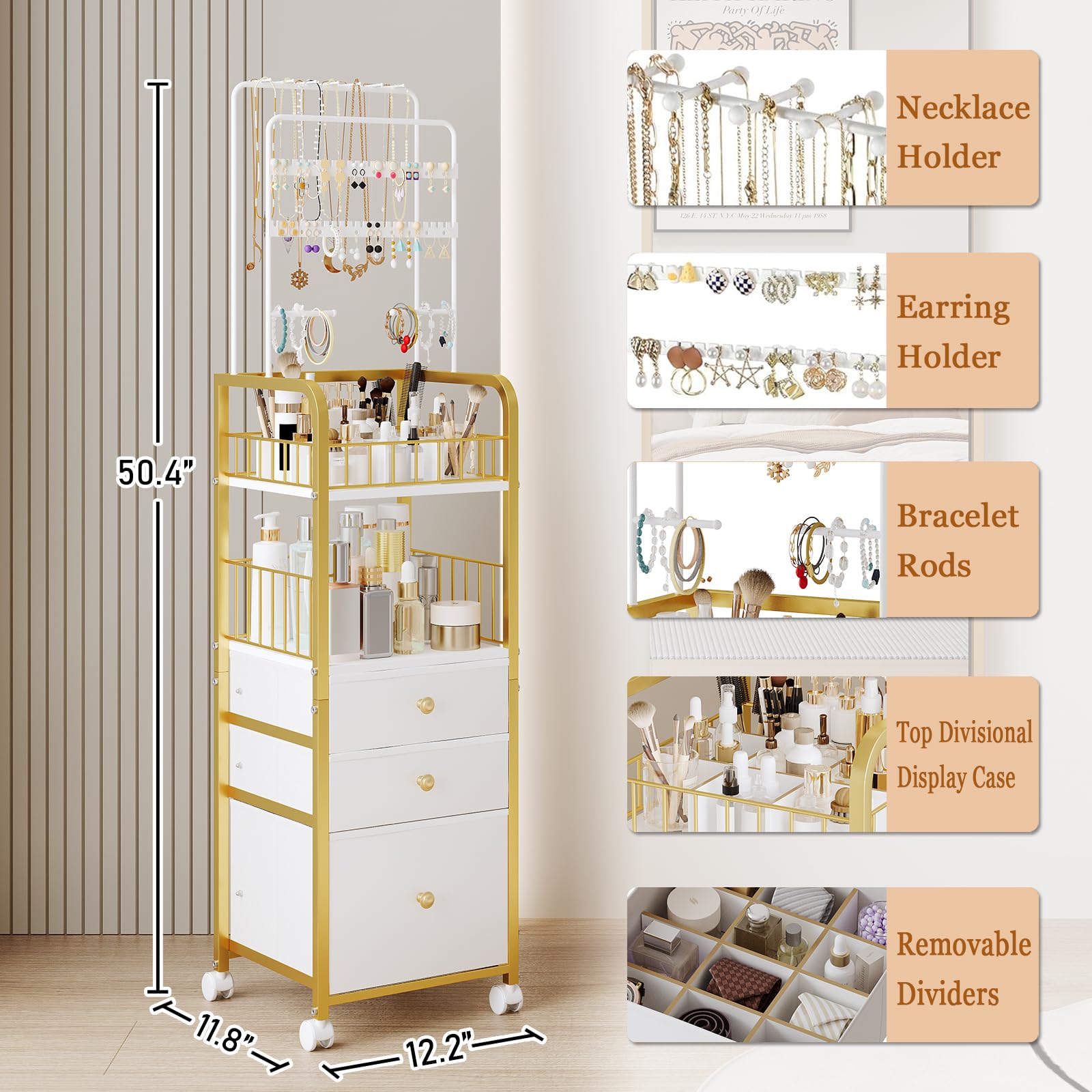ZQUYAJ Makeup Organizer Cart with 3 Drawers, Jewelry Organizers and Storage for Earring Necklace, Large Vanity Storage Organizer