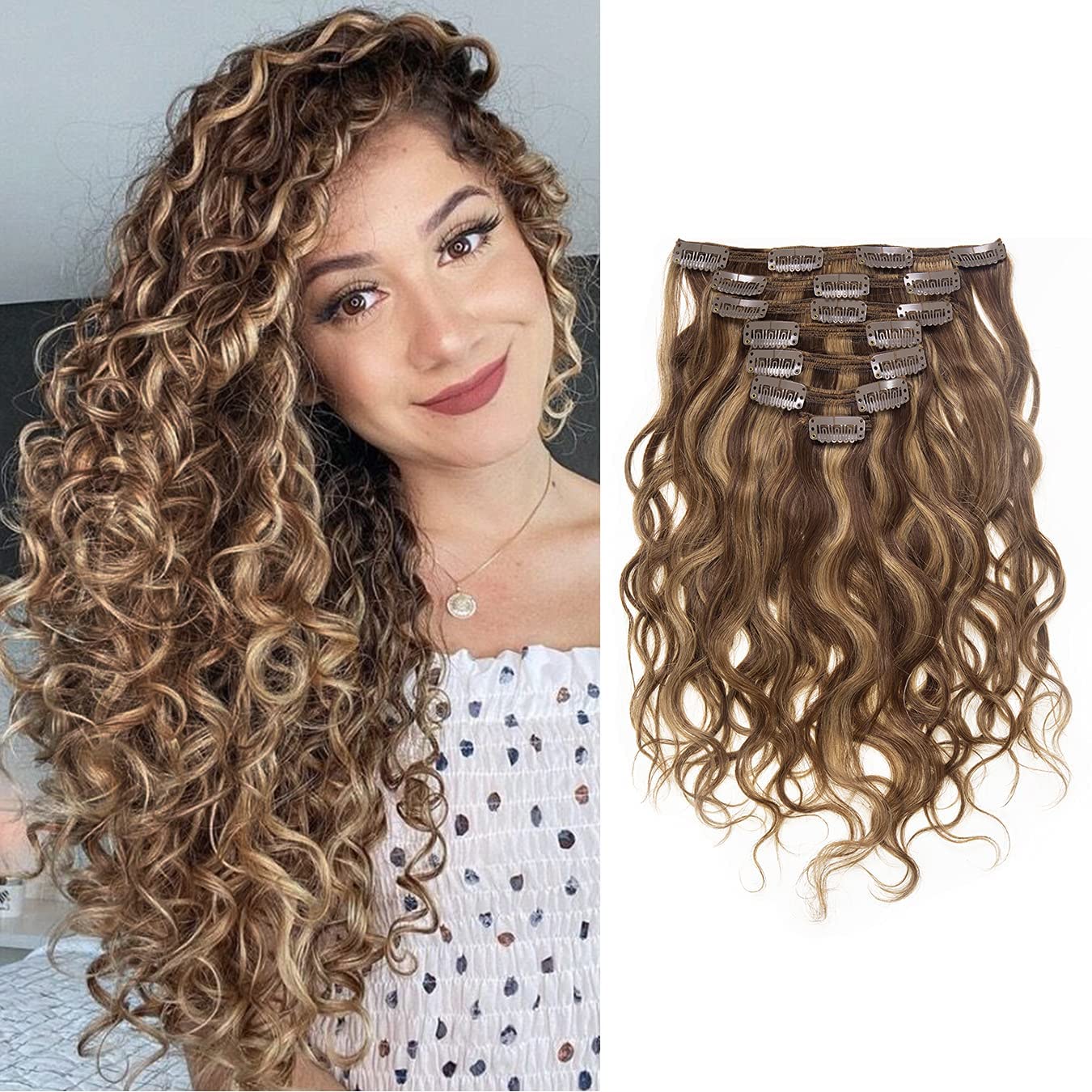 Loxxy Clip in Human Hair Extensions #P4/27 Dark Brown Mixed with Caramel Blonde Natural Wave Real Human Hair Extension 14inch Do